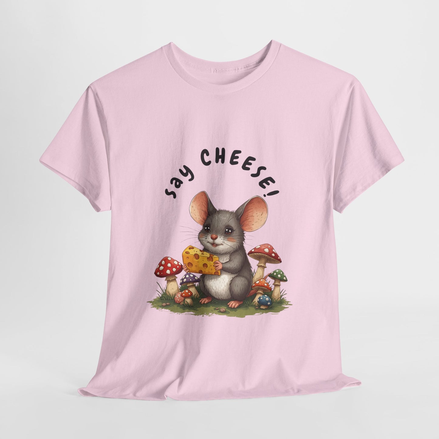 Say Cheese! Cute Mouse Graphic Tee, Say Cheese Unisex Heavy Cotton Tee, Whimsical T-Shirt, Nature Lover Gift, Fun Animal Apparel, Playful Fashion