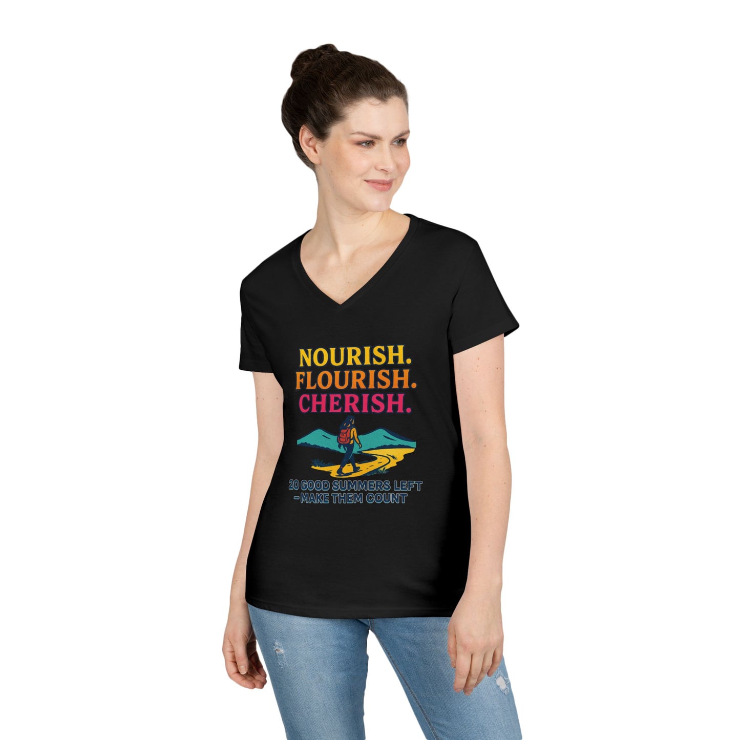 Nourish Flourish Cherish V-Neck Tee — 20 Good Summers Left Inspirational Women's Shirt