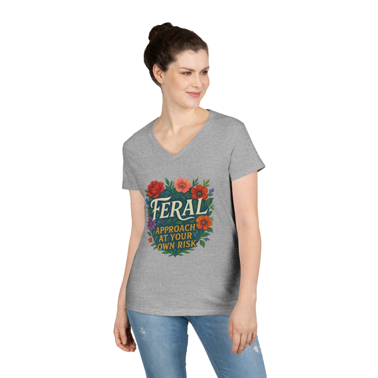 Feral Floral V-Neck Tee — “Feral: Approach At Your Own Risk” Ladies' Graphic T‑Shirt