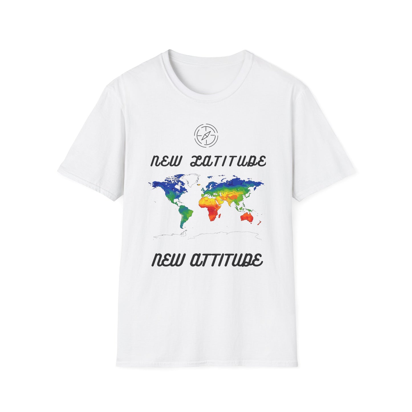 New Latitude New Attitude Map T-Shirt, Colorful World Map Travel Tee, 100%Cotton