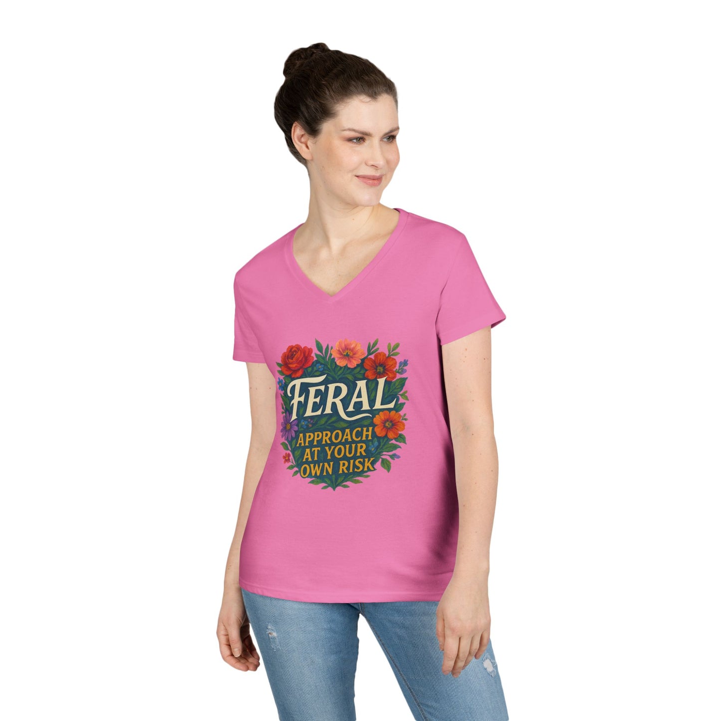 Feral Floral V-Neck Tee — “Feral: Approach At Your Own Risk” Ladies' Graphic T‑Shirt
