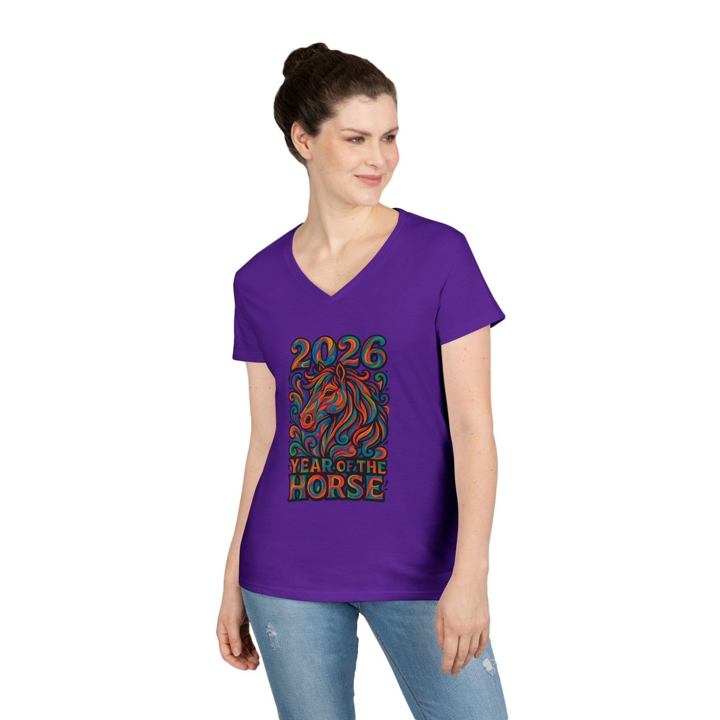 2026 Year of the Horse Ladies' V‑Neck Tee — Colorful Zodiac Horse Design