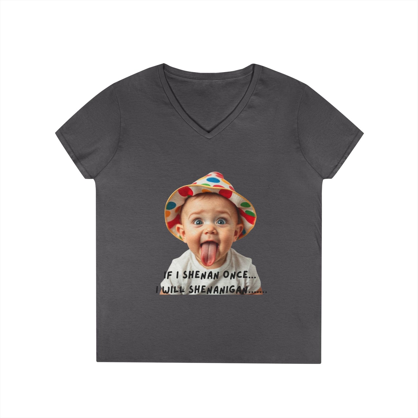 If I Shenan Once I will Shenanigan Whimsical V-Neck T-Shirt, Funny Graphic Tee for Moms, Playful Gift, Casual Chic, Children's Humor Shirt