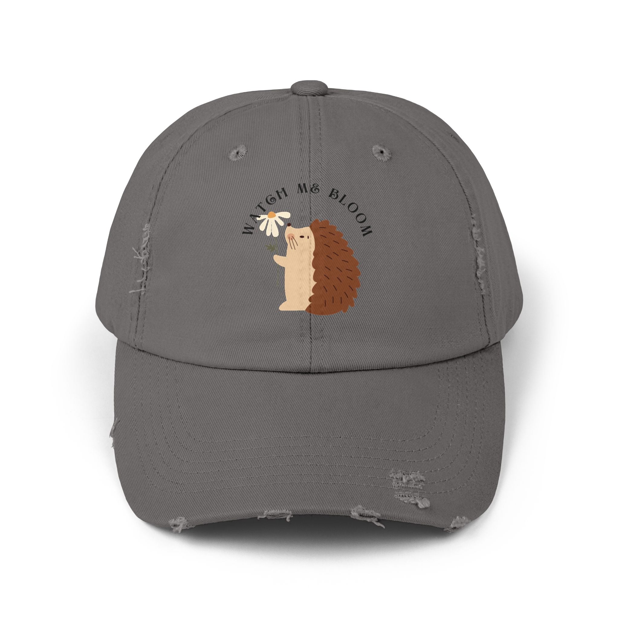 Watch Me Bloom Unisex Distressed Cap - Cute Animal Hat, Hedgehog Lover Gift, Vintage Style Cap, Casual Outdoor Accessory, Fun Birthday Present