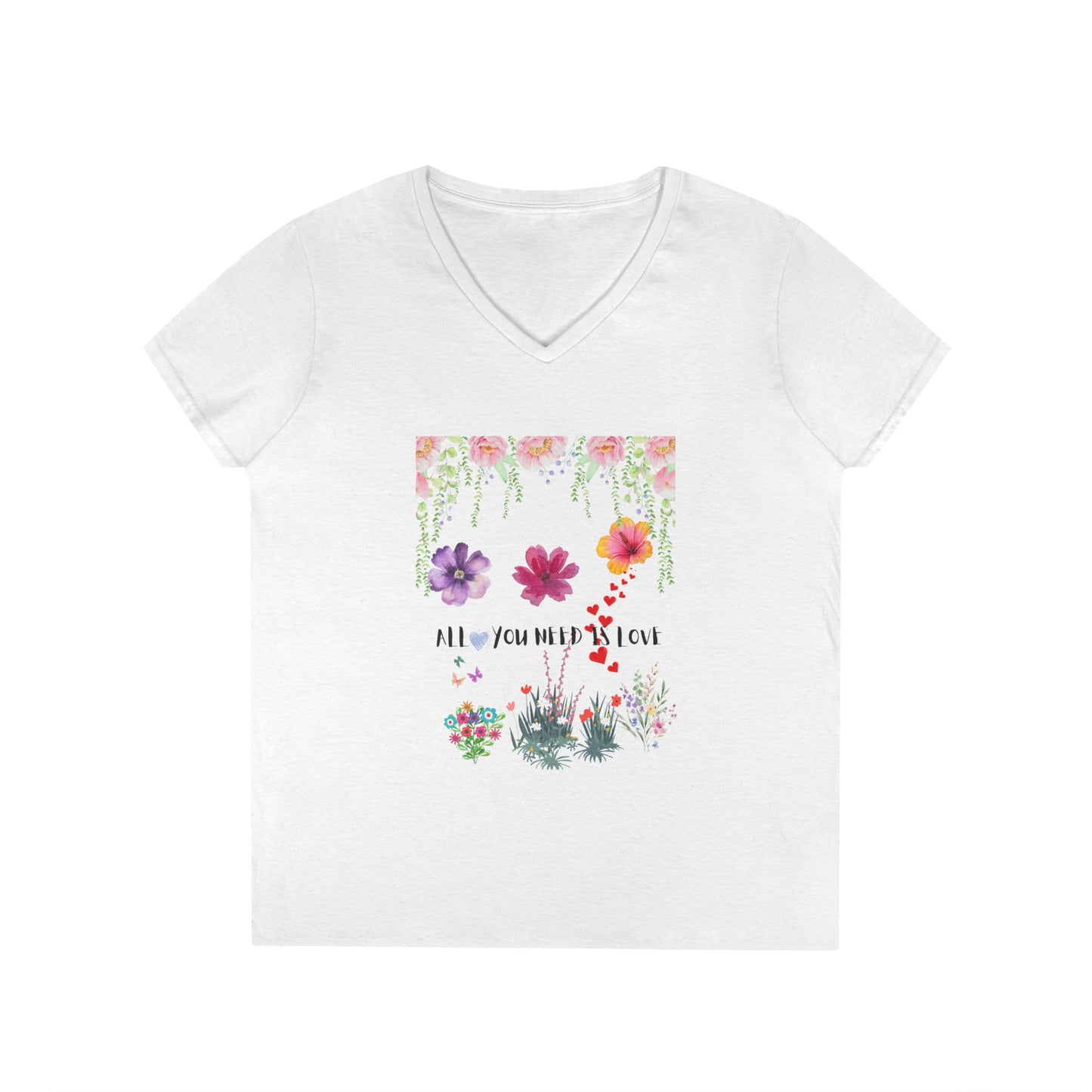 All You need is Love, Floral V-Neck T-Shirt, Women's Graphic Tee, Spring Fashion Top, Botanical Tee, Gift for Her,