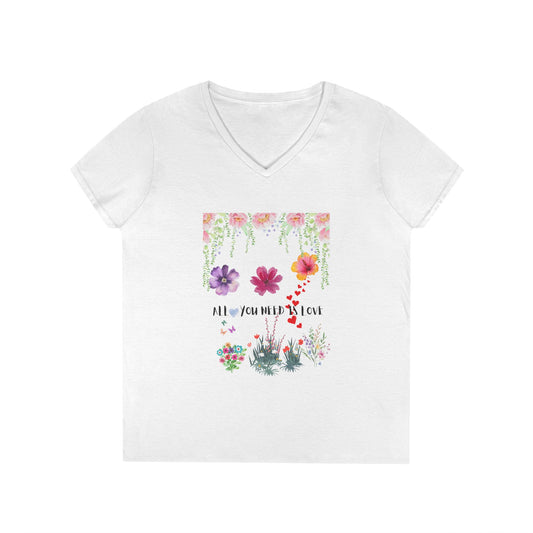 All You need is Love, Floral V-Neck T-Shirt, Women's Graphic Tee, Spring Fashion Top, Botanical Tee, Gift for Her,