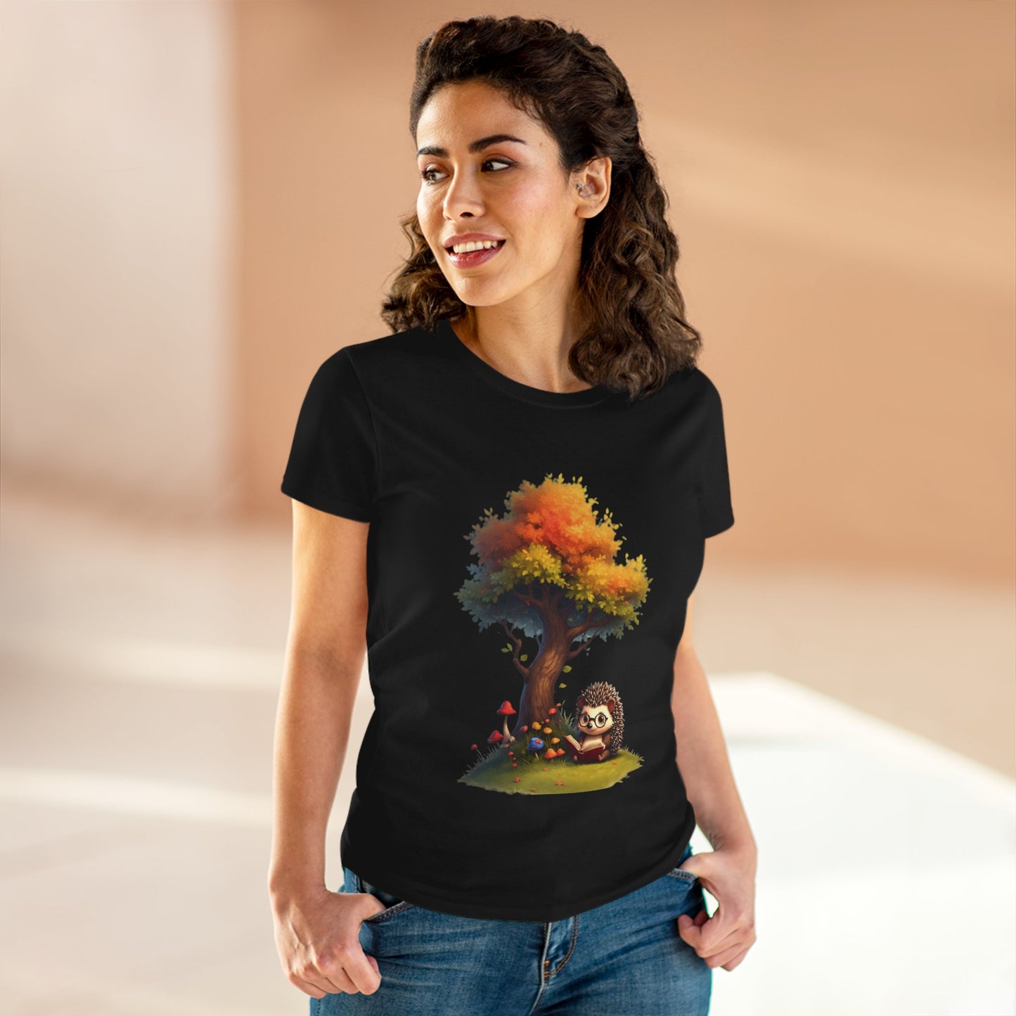 Cute Hedgehog and Autumn Tree T-Shirt, Fall Apparel, Nature Lover Gift, Women's Casual Tee, Gift for Her, Seasonal Style