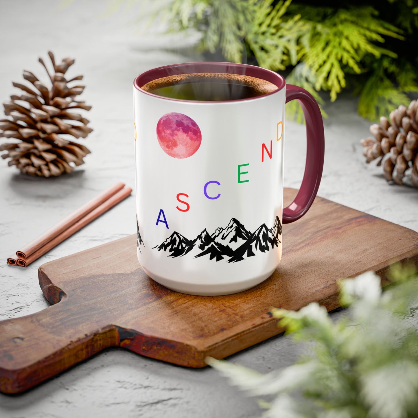 Ascend Mountain Mug — Colorful Rainbow Lettering with Pink Moon (11oz/15oz)