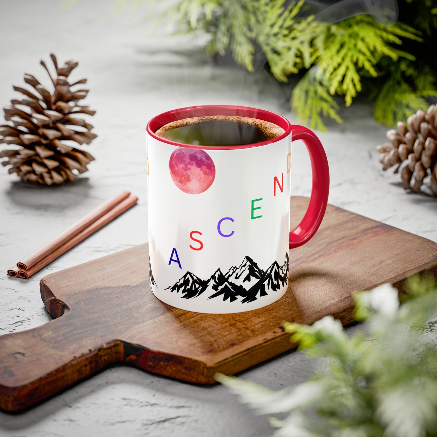 Ascend Mountain Mug — Colorful Rainbow Lettering with Pink Moon (11oz/15oz)