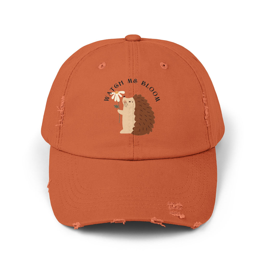 Watch Me Bloom Unisex Distressed Cap - Cute Animal Hat, Hedgehog Lover Gift, Vintage Style Cap, Casual Outdoor Accessory, Fun Birthday Present
