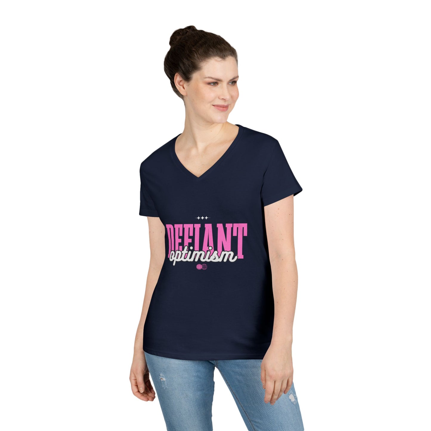 Defiant Optimism V-Neck Womens 100% Cotton Tee