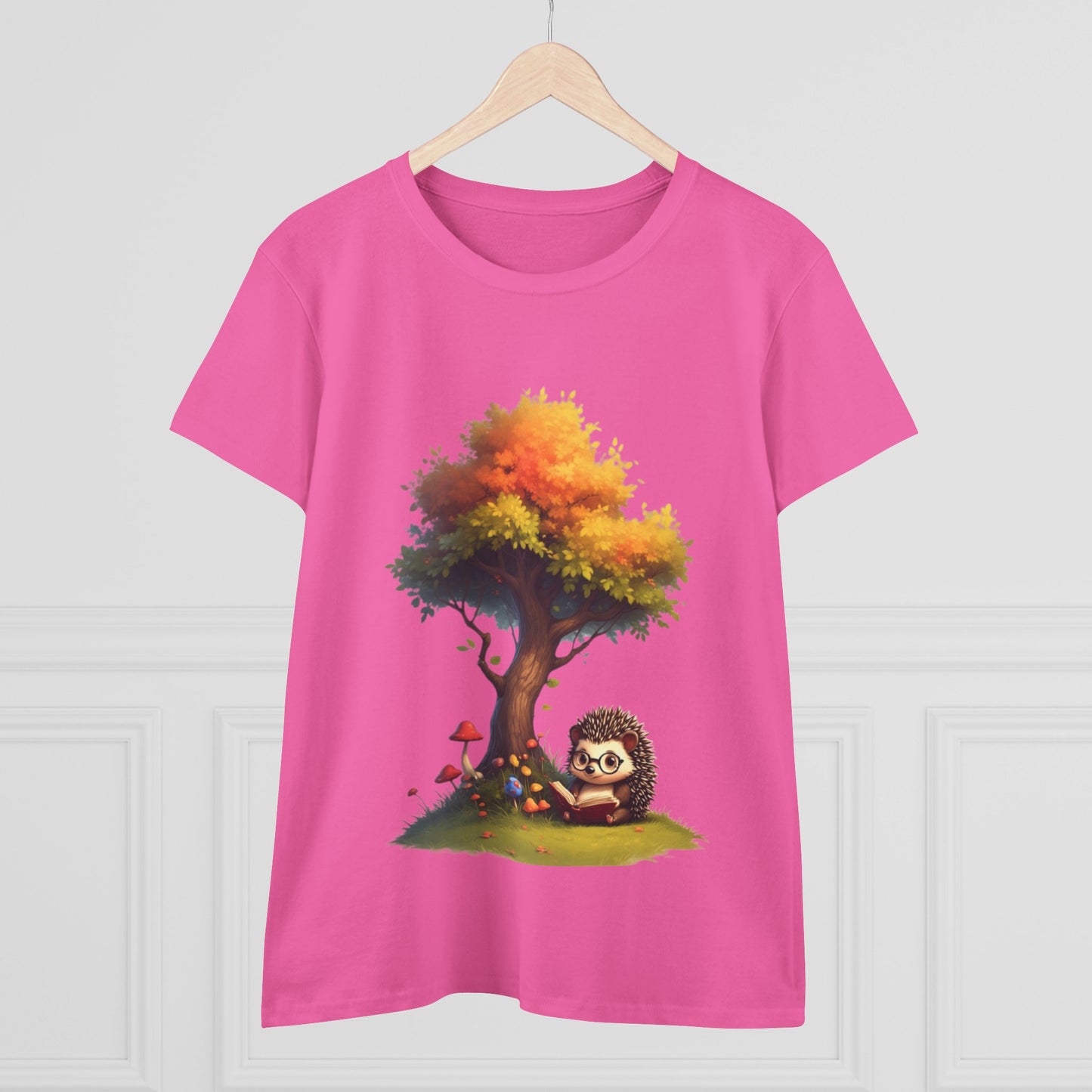 Cute Hedgehog and Autumn Tree T-Shirt, Fall Apparel, Nature Lover Gift, Women's Casual Tee, Gift for Her, Seasonal Style