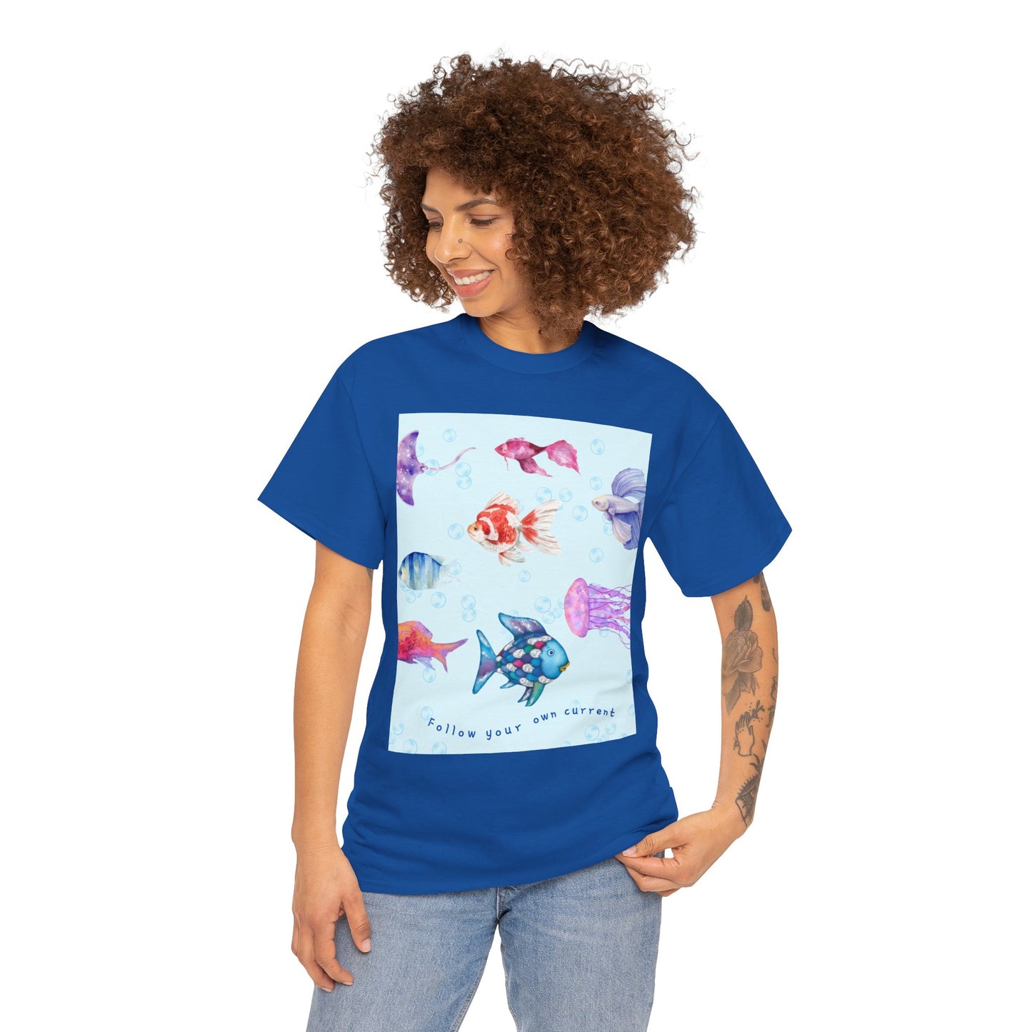 Follow your own current T-Shirt — Unisex Colorful Watercolor Fish & Jellyfish Graphic (Hello Great Big Ocean)