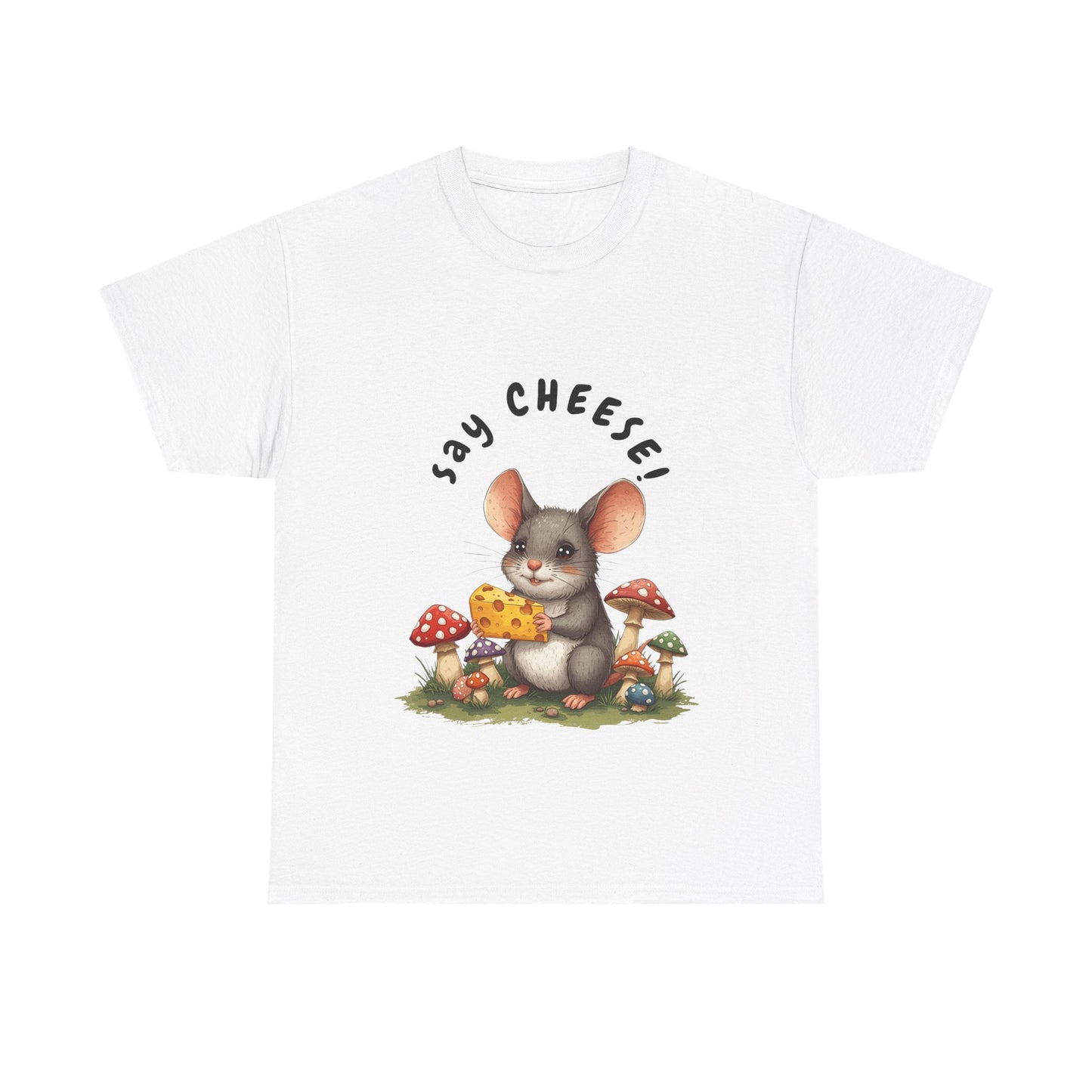 Say Cheese! Cute Mouse Graphic Tee, Say Cheese Unisex Heavy Cotton Tee, Whimsical T-Shirt, Nature Lover Gift, Fun Animal Apparel, Playful Fashion