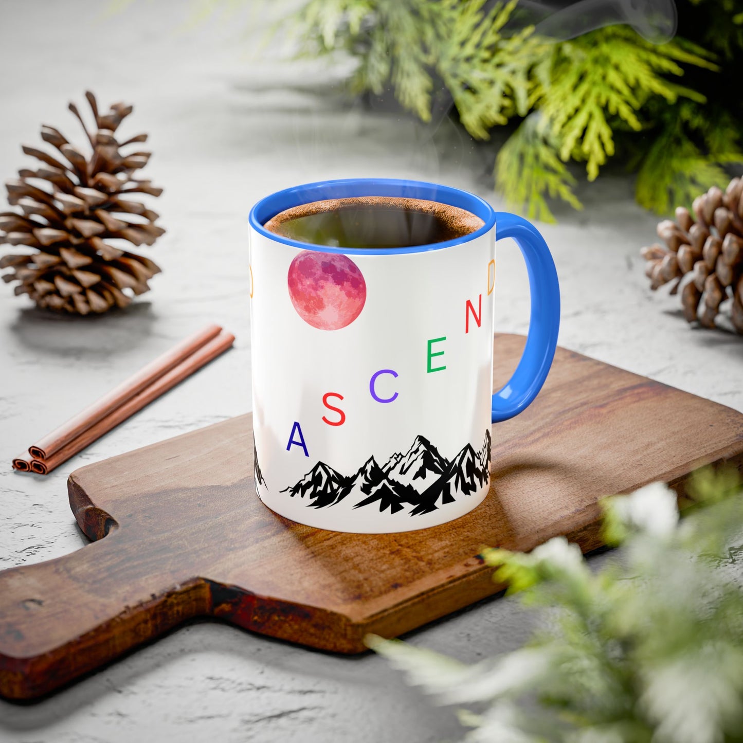 Ascend Mountain Mug — Colorful Rainbow Lettering with Pink Moon (11oz/15oz)