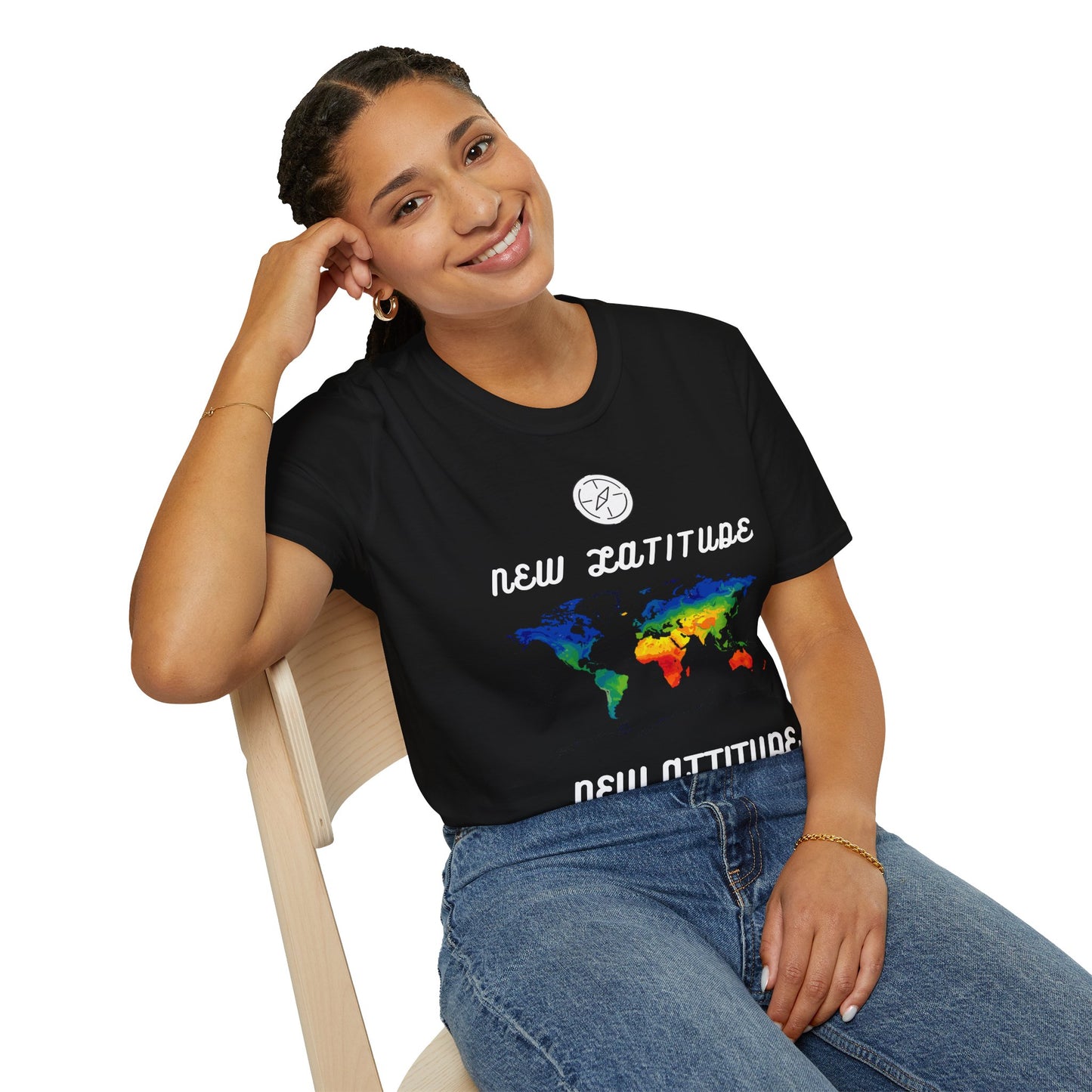 New Latitude New Attitude Map T-Shirt, Colorful World Map Travel Tee, 100%Cotton