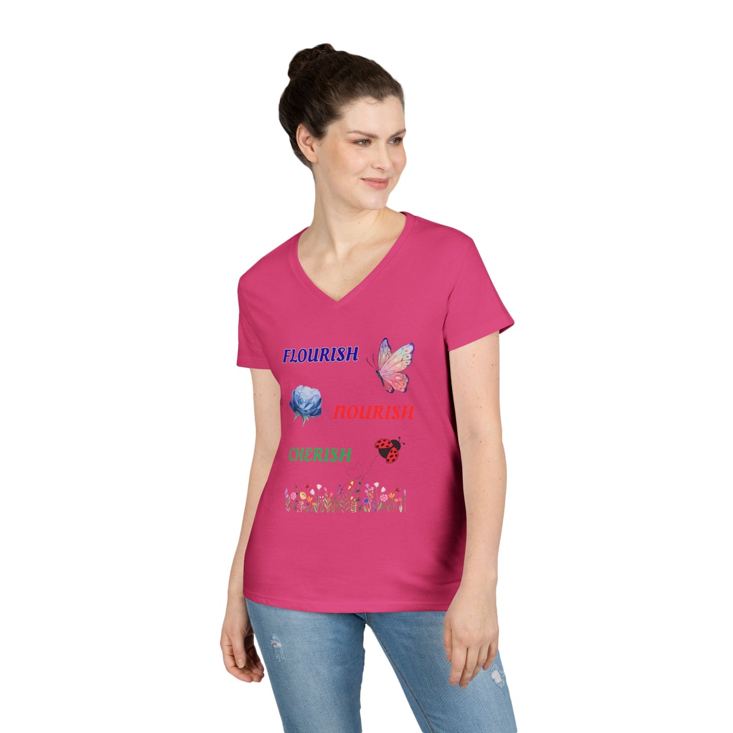 Flourish Nourish Cherish Floral V-Neck  Cotton Tee