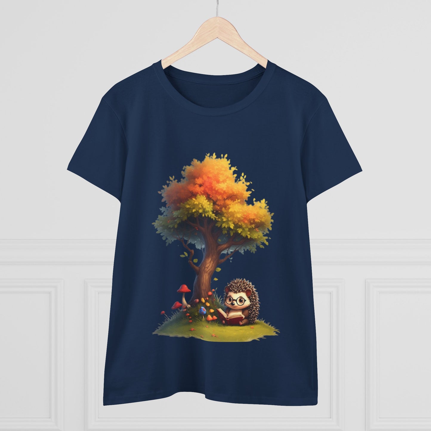 Cute Hedgehog and Autumn Tree T-Shirt, Fall Apparel, Nature Lover Gift, Women's Casual Tee, Gift for Her, Seasonal Style