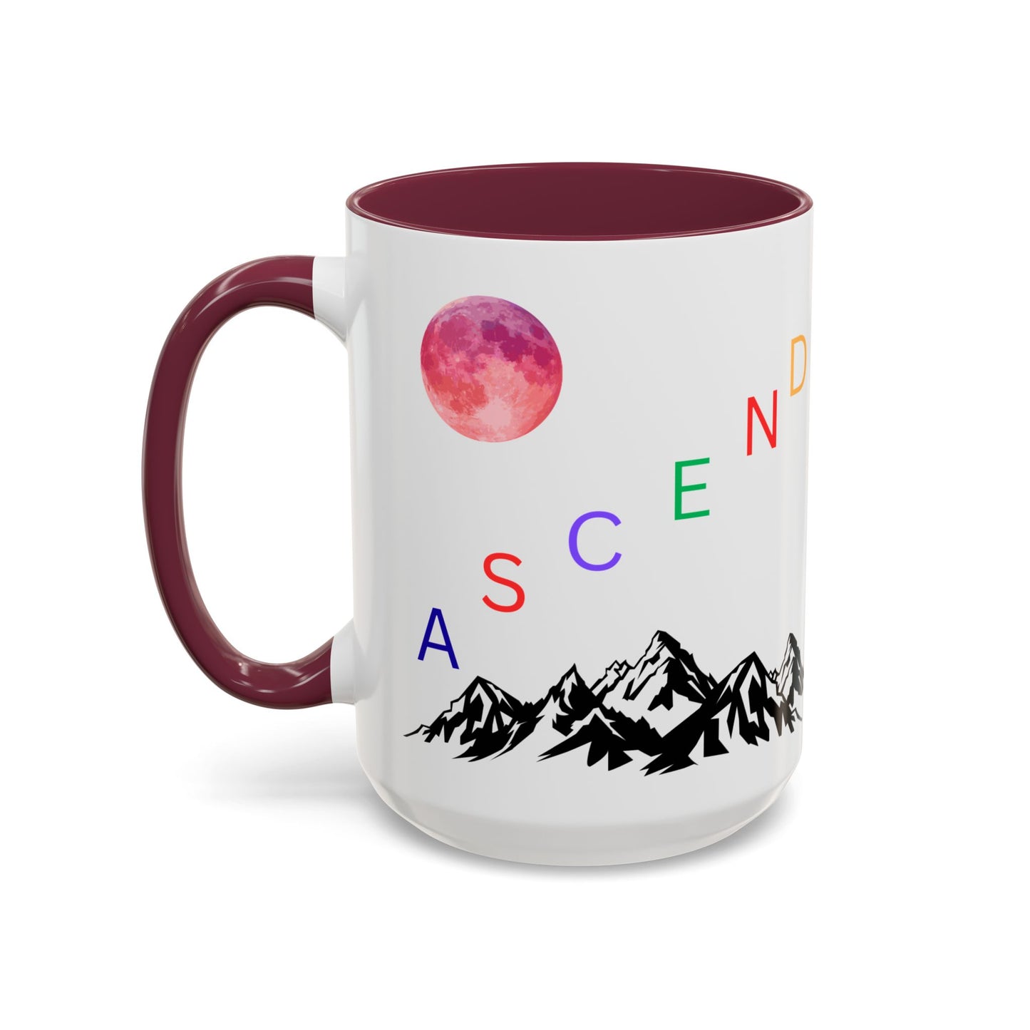 Ascend Mountain Mug — Colorful Rainbow Lettering with Pink Moon (11oz/15oz)