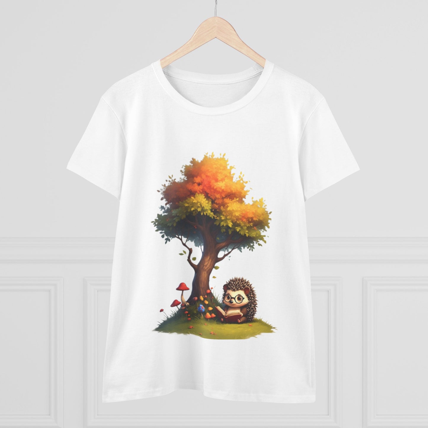 Cute Hedgehog and Autumn Tree T-Shirt, Fall Apparel, Nature Lover Gift, Women's Casual Tee, Gift for Her, Seasonal Style