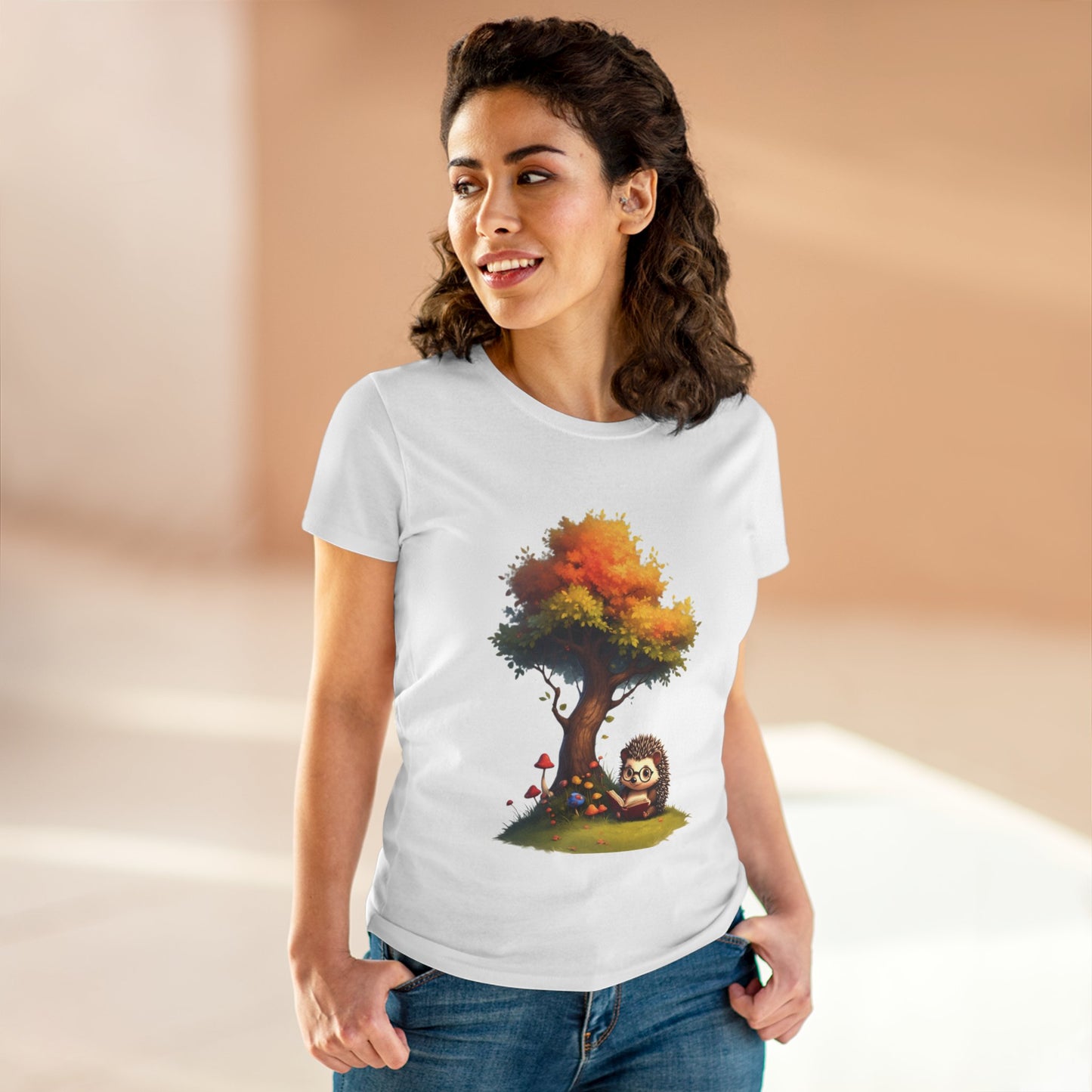 Cute Hedgehog and Autumn Tree T-Shirt, Fall Apparel, Nature Lover Gift, Women's Casual Tee, Gift for Her, Seasonal Style