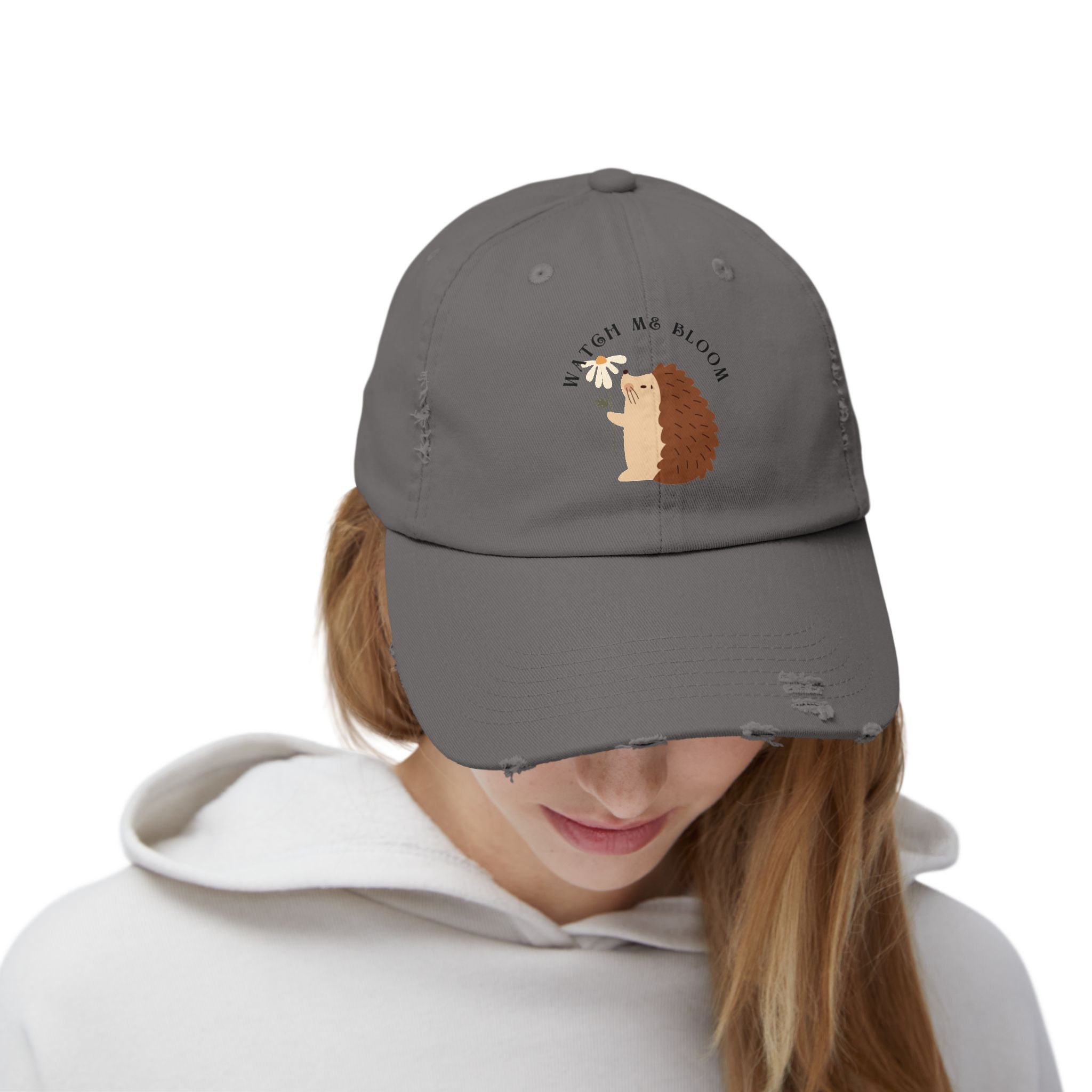 Watch Me Bloom Unisex Distressed Cap - Cute Animal Hat, Hedgehog Lover Gift, Vintage Style Cap, Casual Outdoor Accessory, Fun Birthday Present