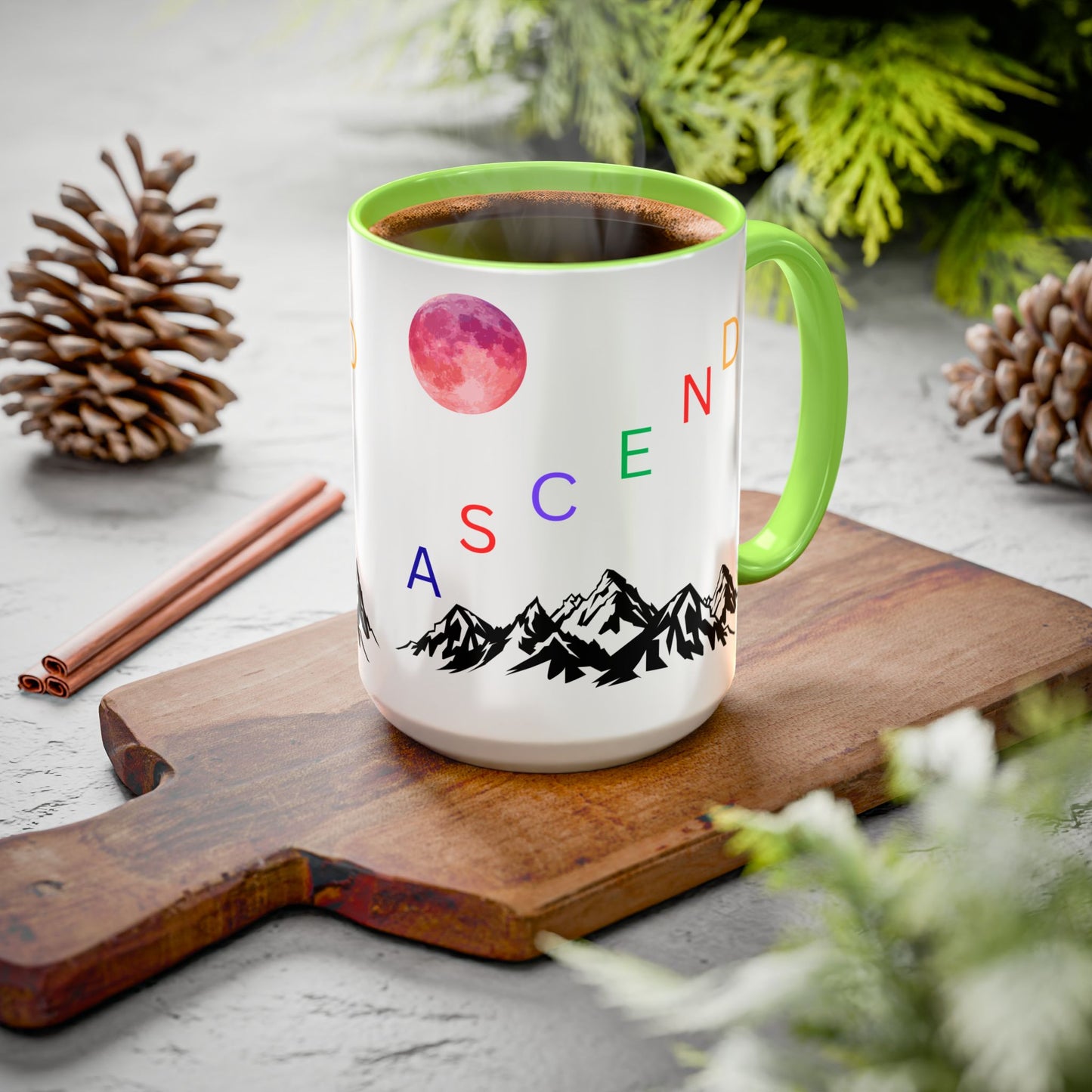 Ascend Mountain Mug — Colorful Rainbow Lettering with Pink Moon (11oz/15oz)