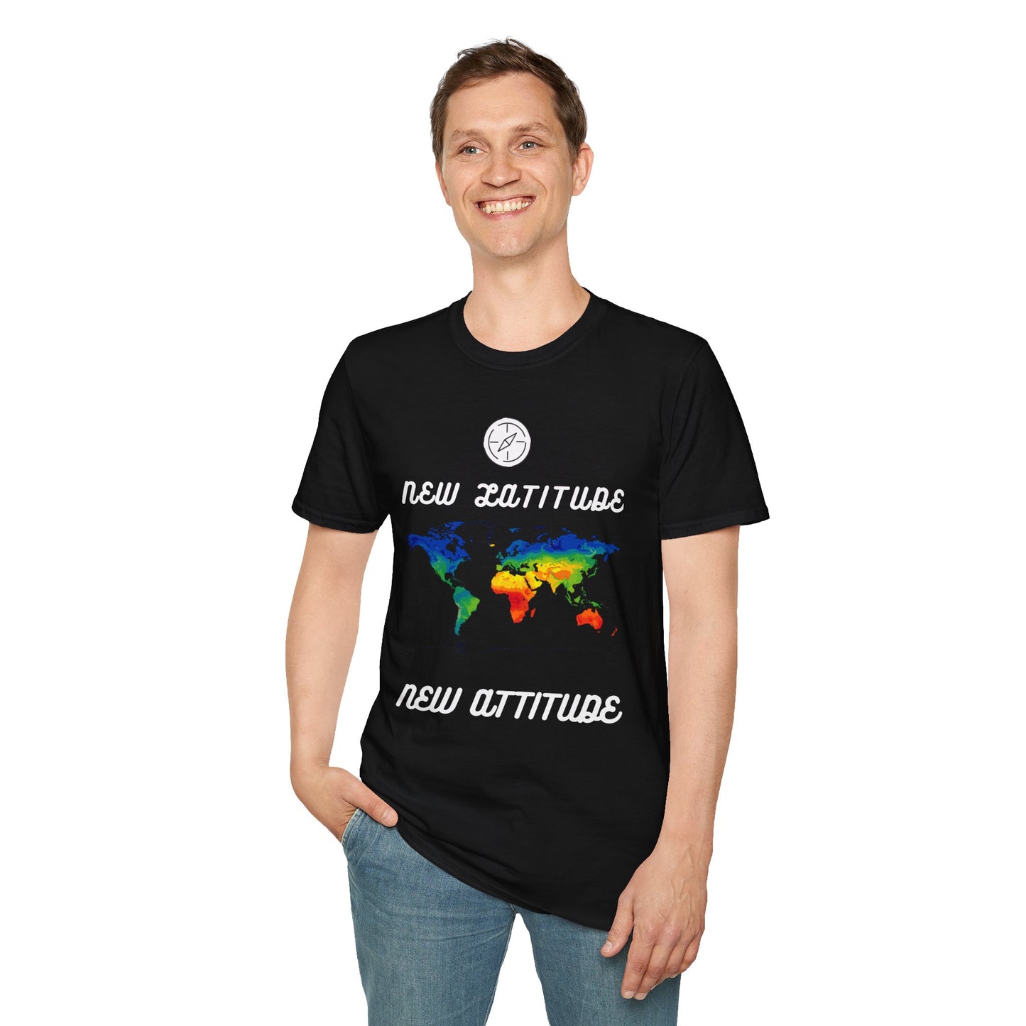 New Latitude New Attitude Map T-Shirt, Colorful World Map Travel Tee, 100%Cotton