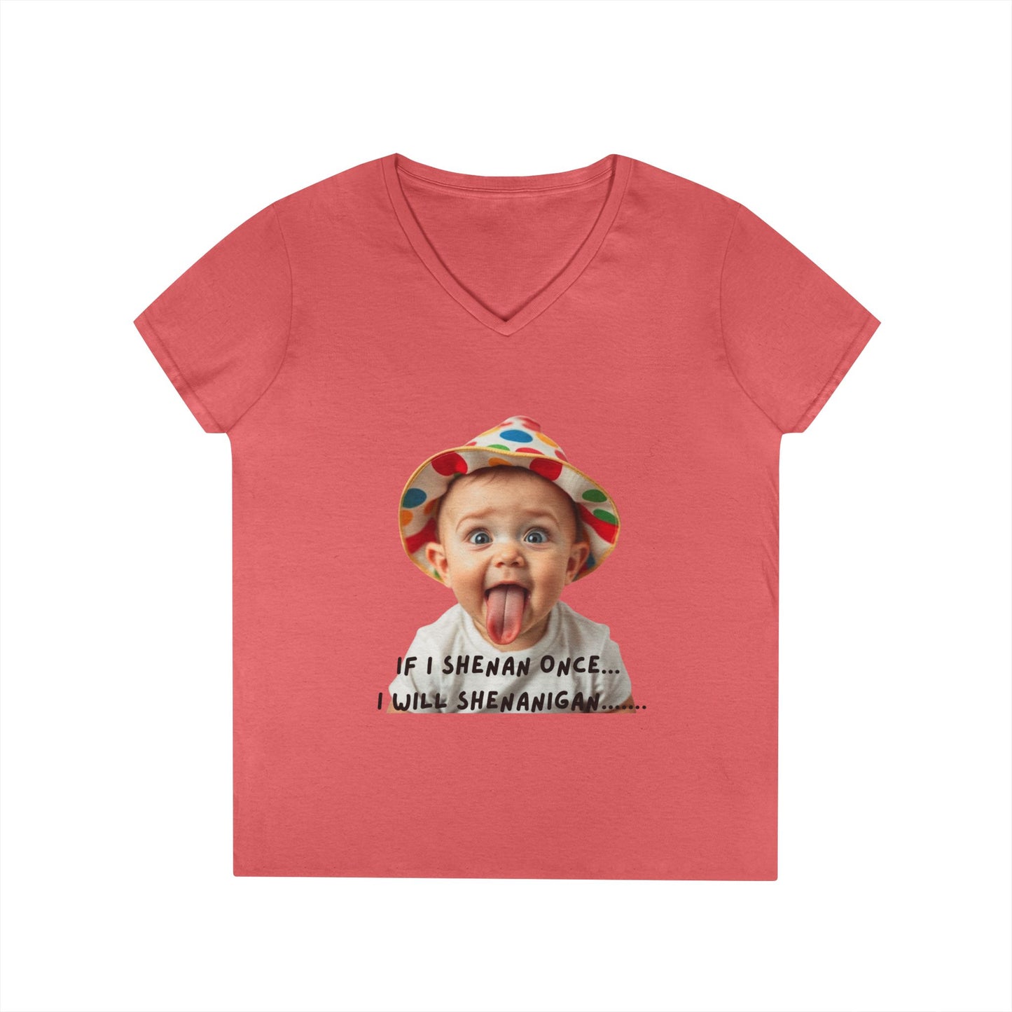 If I Shenan Once I will Shenanigan Whimsical V-Neck T-Shirt, Funny Graphic Tee for Moms, Playful Gift, Casual Chic, Children's Humor Shirt