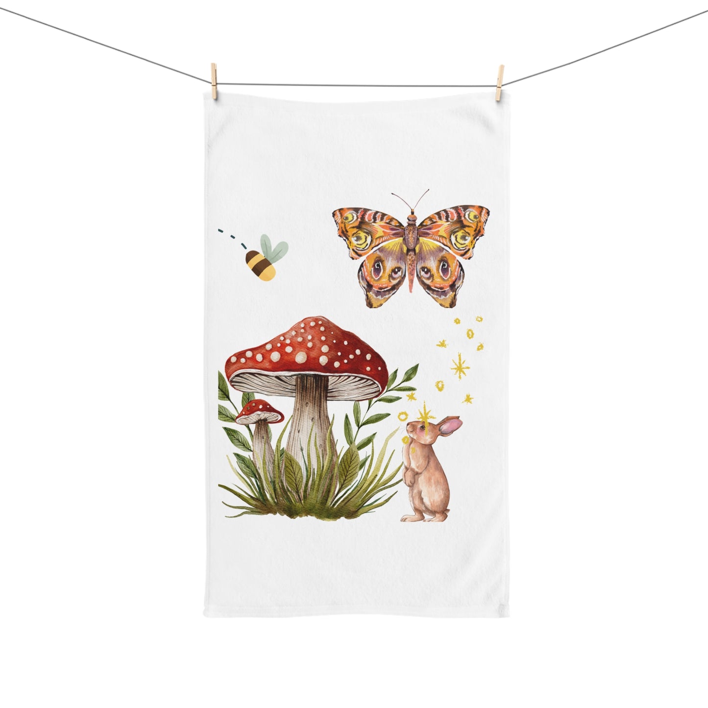 Whimsical Nature Hand Towel with Butterfly and Rabbit Design, Kitchen Decor, Home Essential, Eco-Friendly Gift, Spring or Easter Decor