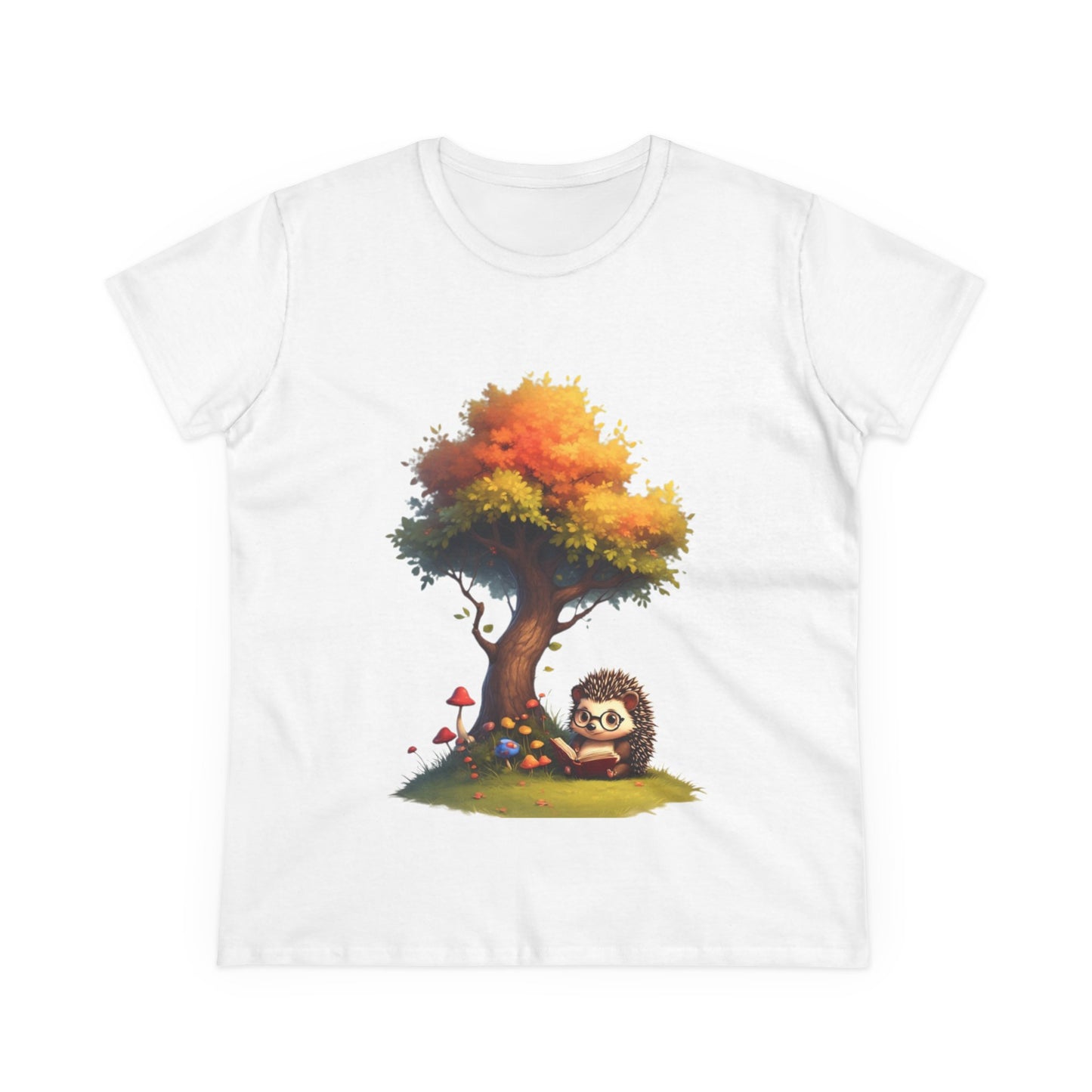 Cute Hedgehog and Autumn Tree T-Shirt, Fall Apparel, Nature Lover Gift, Women's Casual Tee, Gift for Her, Seasonal Style