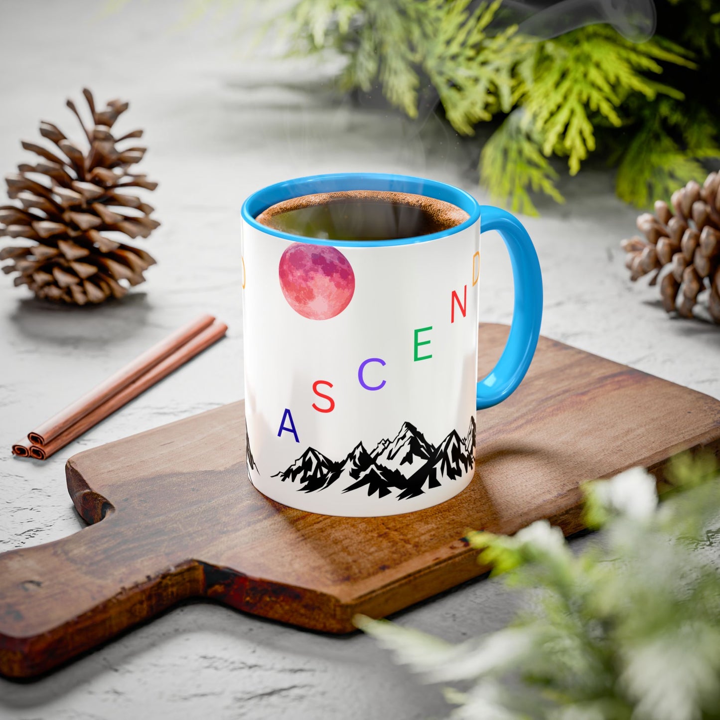 Ascend Mountain Mug — Colorful Rainbow Lettering with Pink Moon (11oz/15oz)