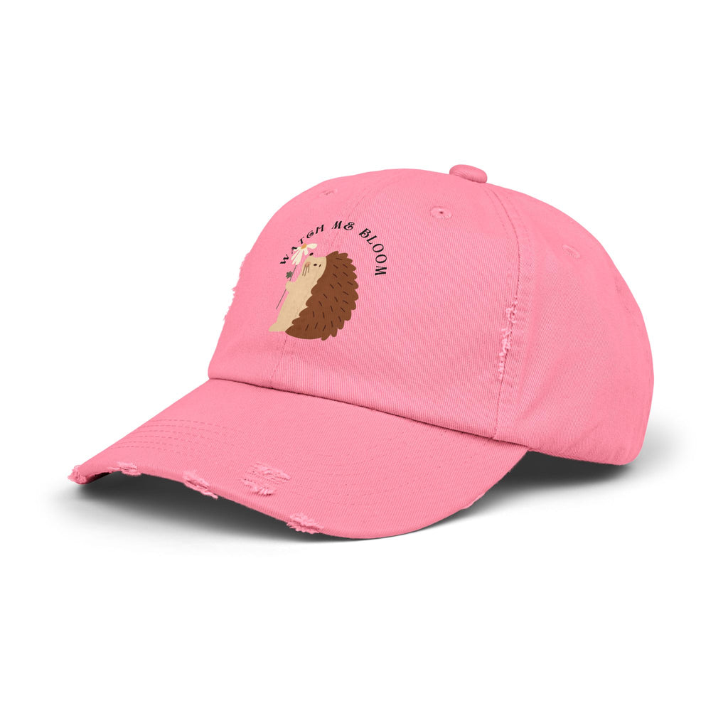 Watch Me Bloom Unisex Distressed Cap - Cute Animal Hat, Hedgehog Lover Gift, Vintage Style Cap, Casual Outdoor Accessory, Fun Birthday Present