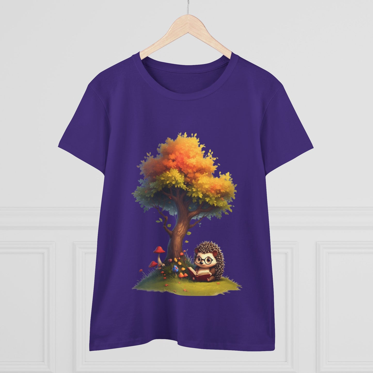 Cute Hedgehog and Autumn Tree T-Shirt, Fall Apparel, Nature Lover Gift, Women's Casual Tee, Gift for Her, Seasonal Style