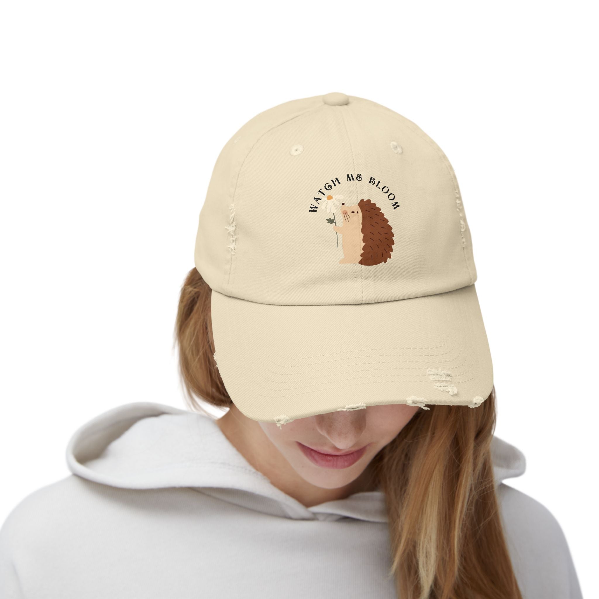 Watch Me Bloom Unisex Distressed Cap - Cute Animal Hat, Hedgehog Lover Gift, Vintage Style Cap, Casual Outdoor Accessory, Fun Birthday Present