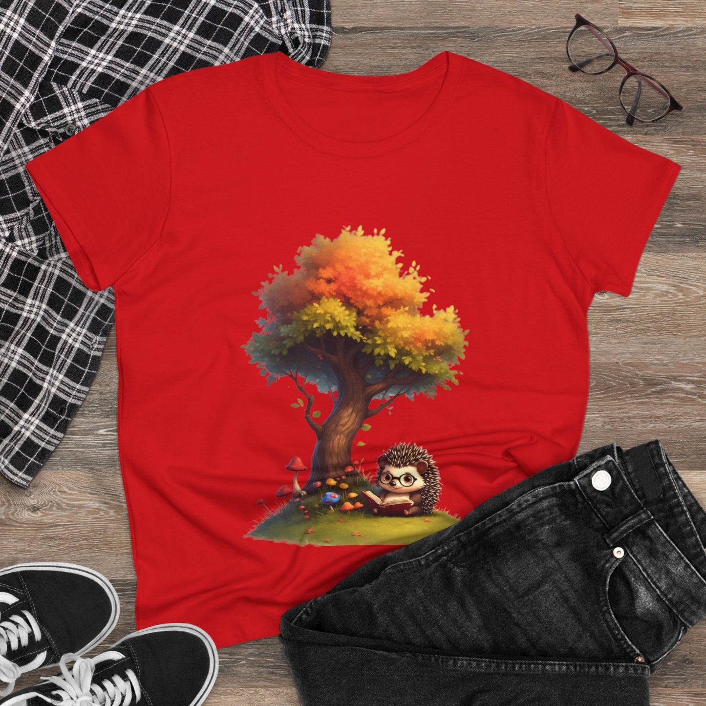 Cute Hedgehog and Autumn Tree T-Shirt, Fall Apparel, Nature Lover Gift, Women's Casual Tee, Gift for Her, Seasonal Style