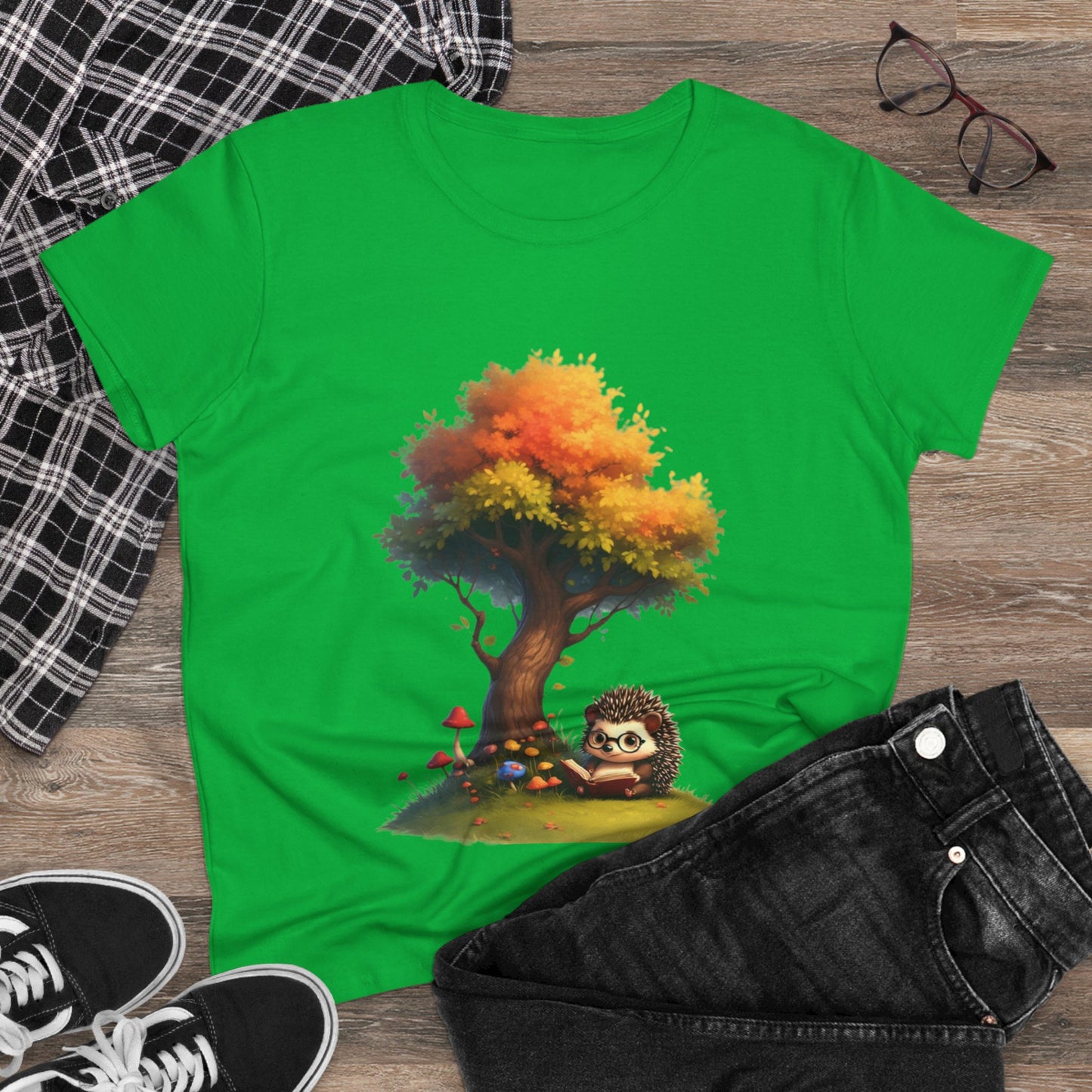Cute Hedgehog and Autumn Tree T-Shirt, Fall Apparel, Nature Lover Gift, Women's Casual Tee, Gift for Her, Seasonal Style