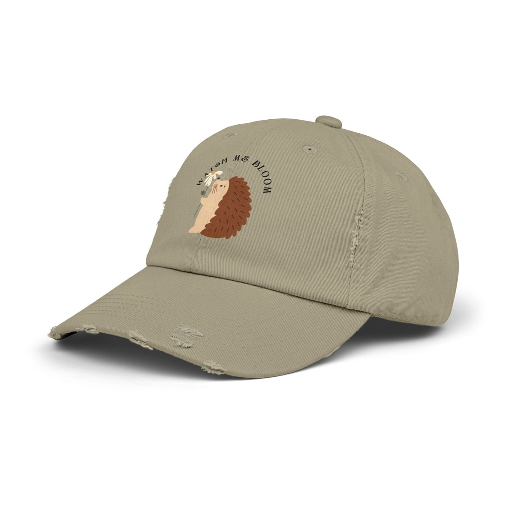 Watch Me Bloom Unisex Distressed Cap - Cute Animal Hat, Hedgehog Lover Gift, Vintage Style Cap, Casual Outdoor Accessory, Fun Birthday Present