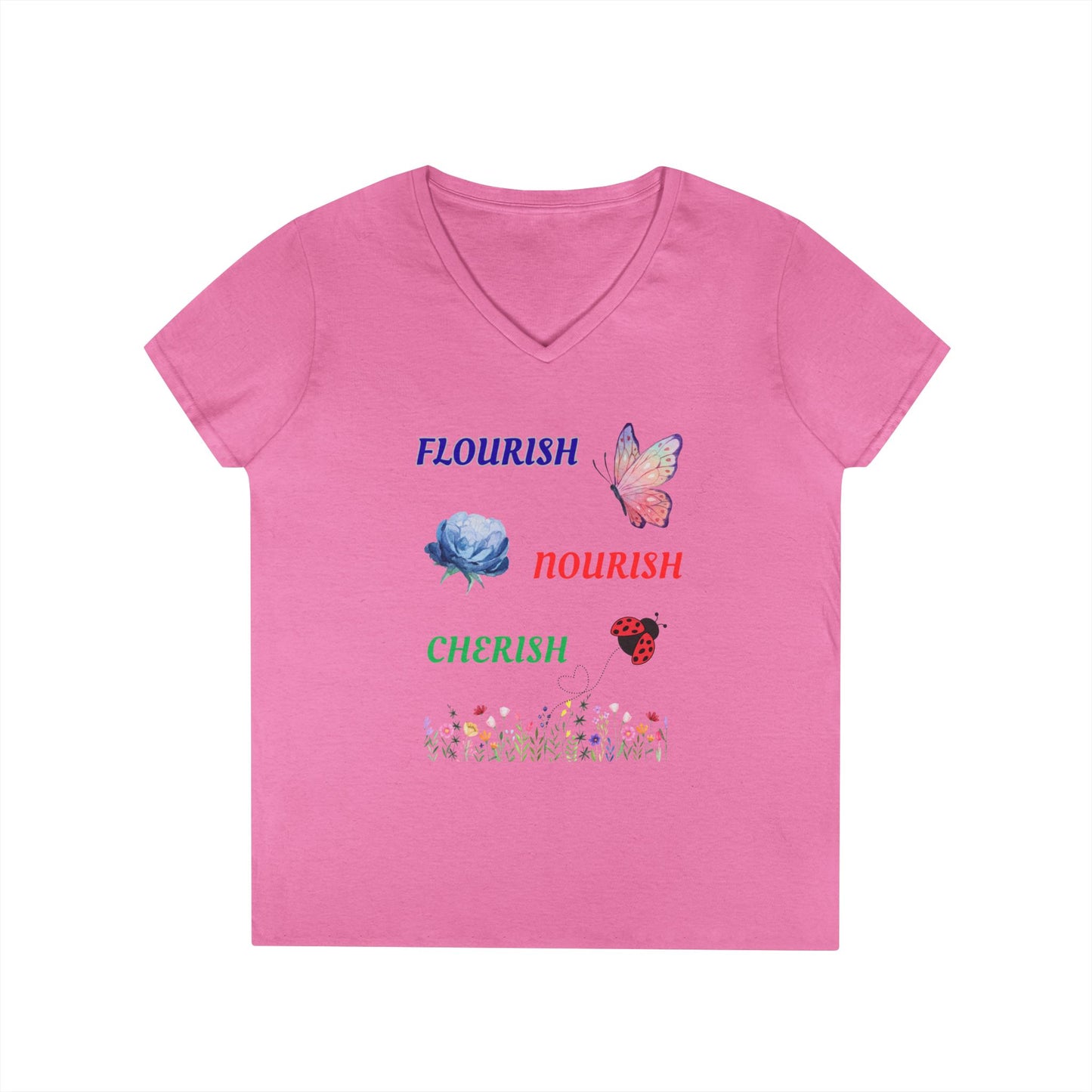 Flourish Nourish Cherish Floral V-Neck  Cotton Tee
