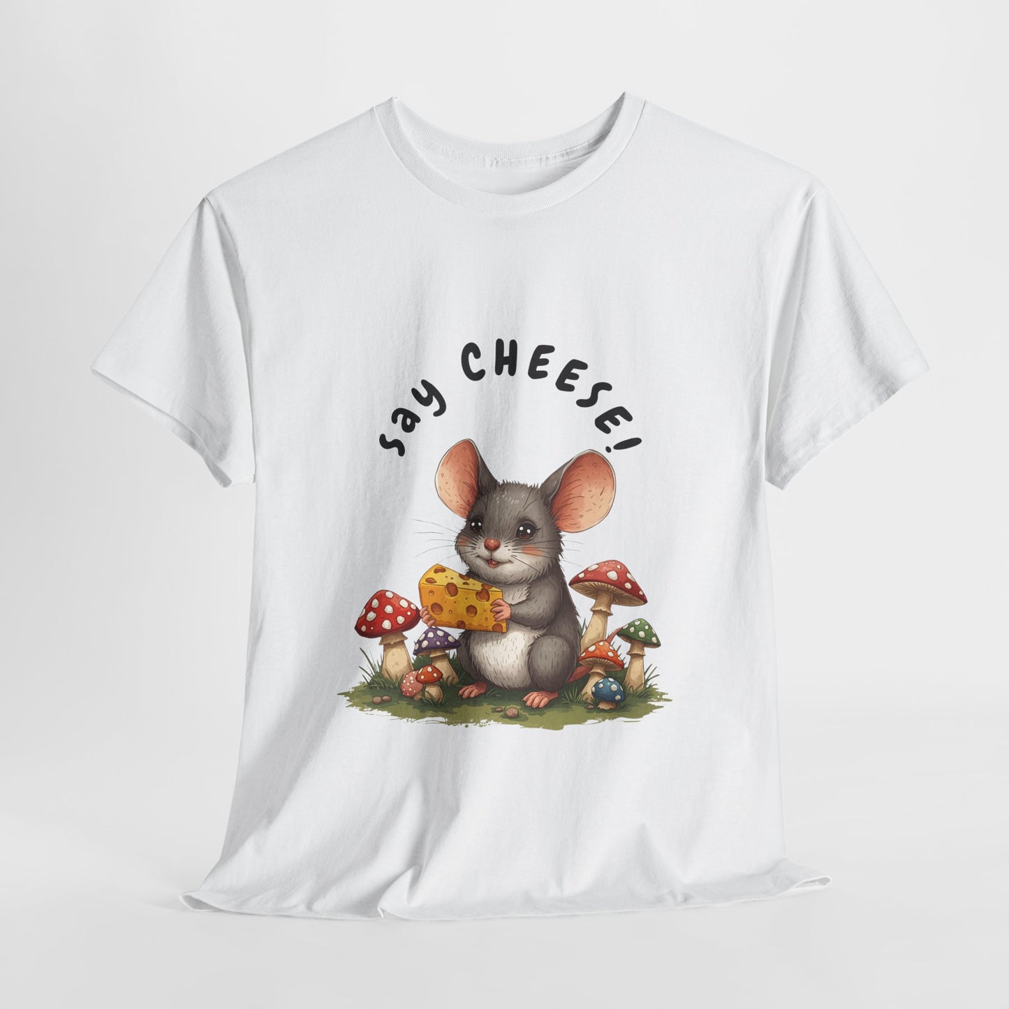 Say Cheese! Cute Mouse Graphic Tee, Say Cheese Unisex Heavy Cotton Tee, Whimsical T-Shirt, Nature Lover Gift, Fun Animal Apparel, Playful Fashion