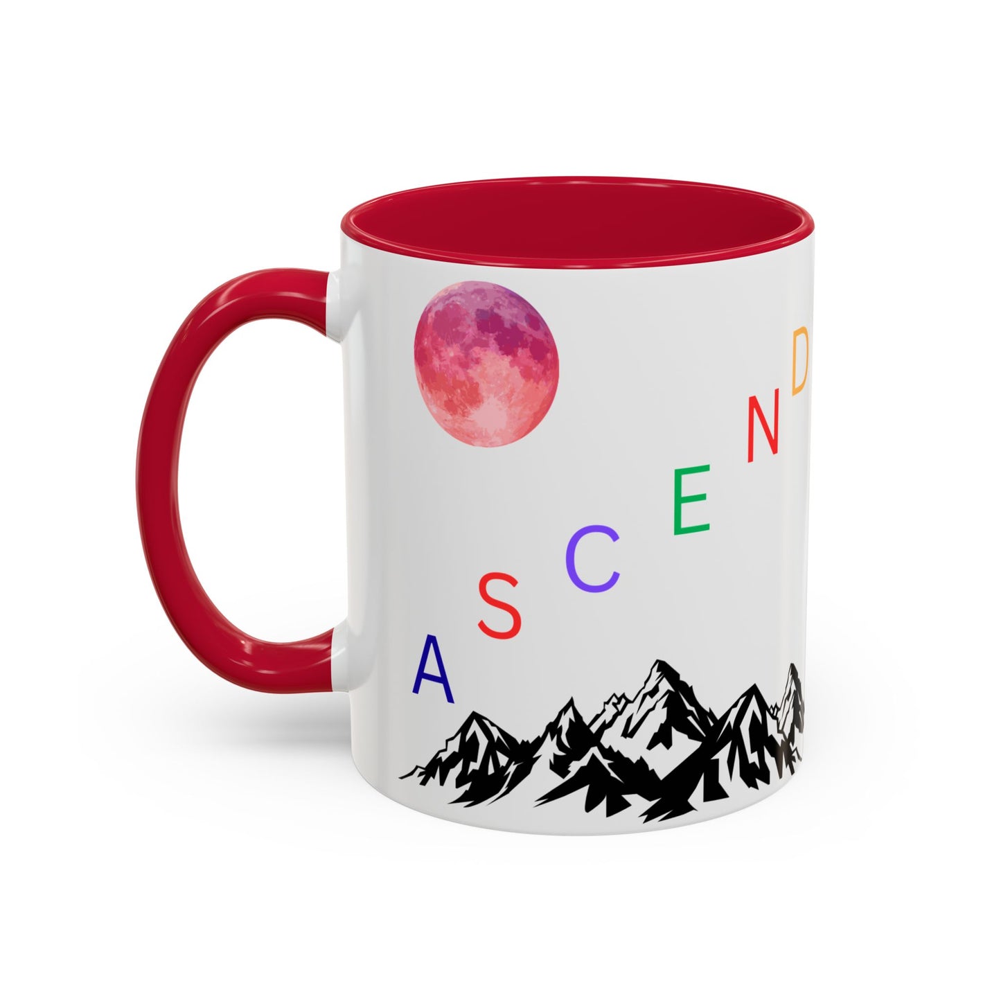 Ascend Mountain Mug — Colorful Rainbow Lettering with Pink Moon (11oz/15oz)