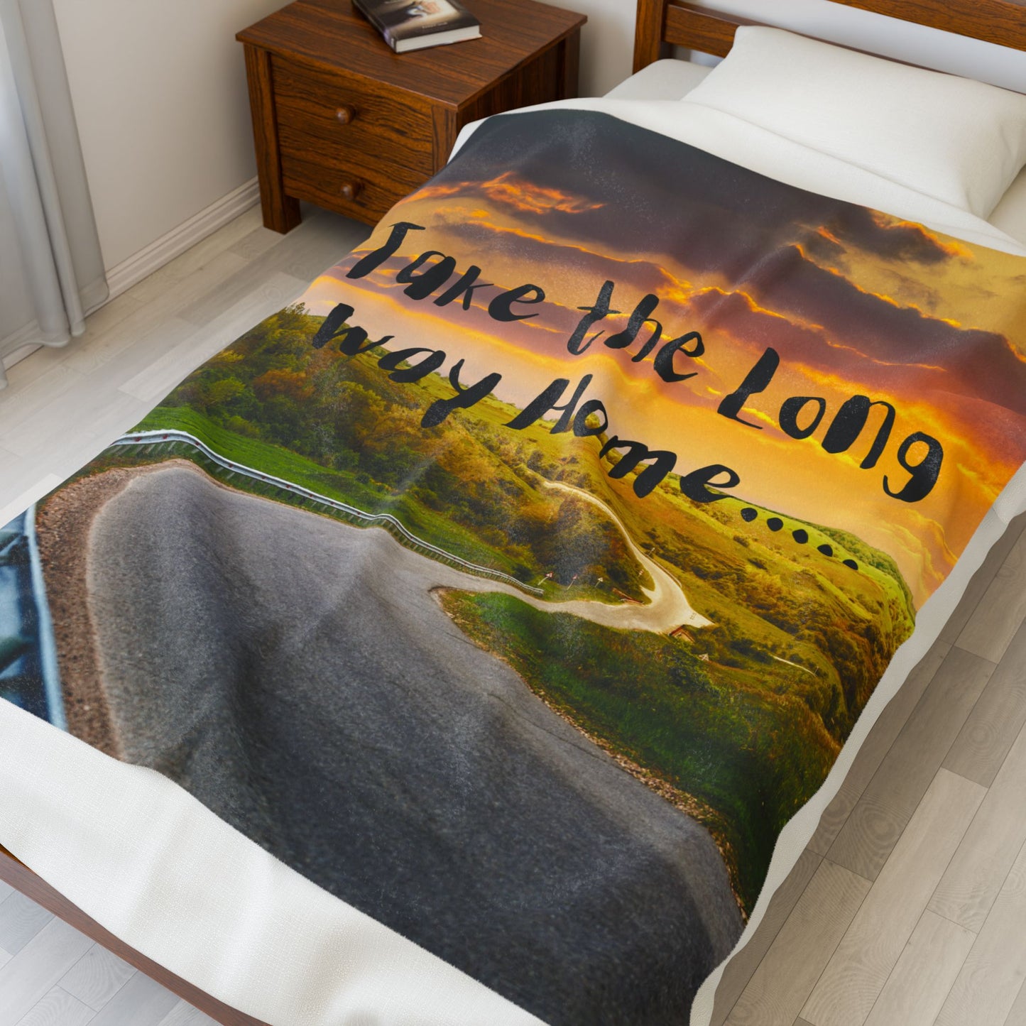 Take the Long Way Home Scenic Inspirational Velveteen Plush Blanket | Cozy Home Decor, Gift for Travelers, Warmth for Cold Nights, Camping, Relaxation
