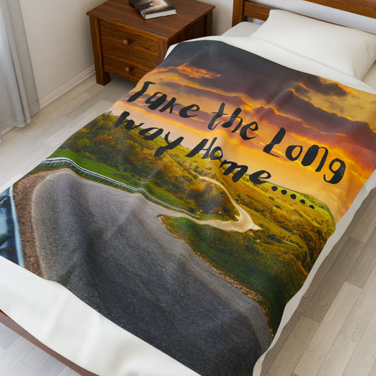 Take the Long Way Home Scenic Inspirational Velveteen Plush Blanket | Cozy Home Decor, Gift for Travelers, Warmth for Cold Nights, Camping, Relaxation