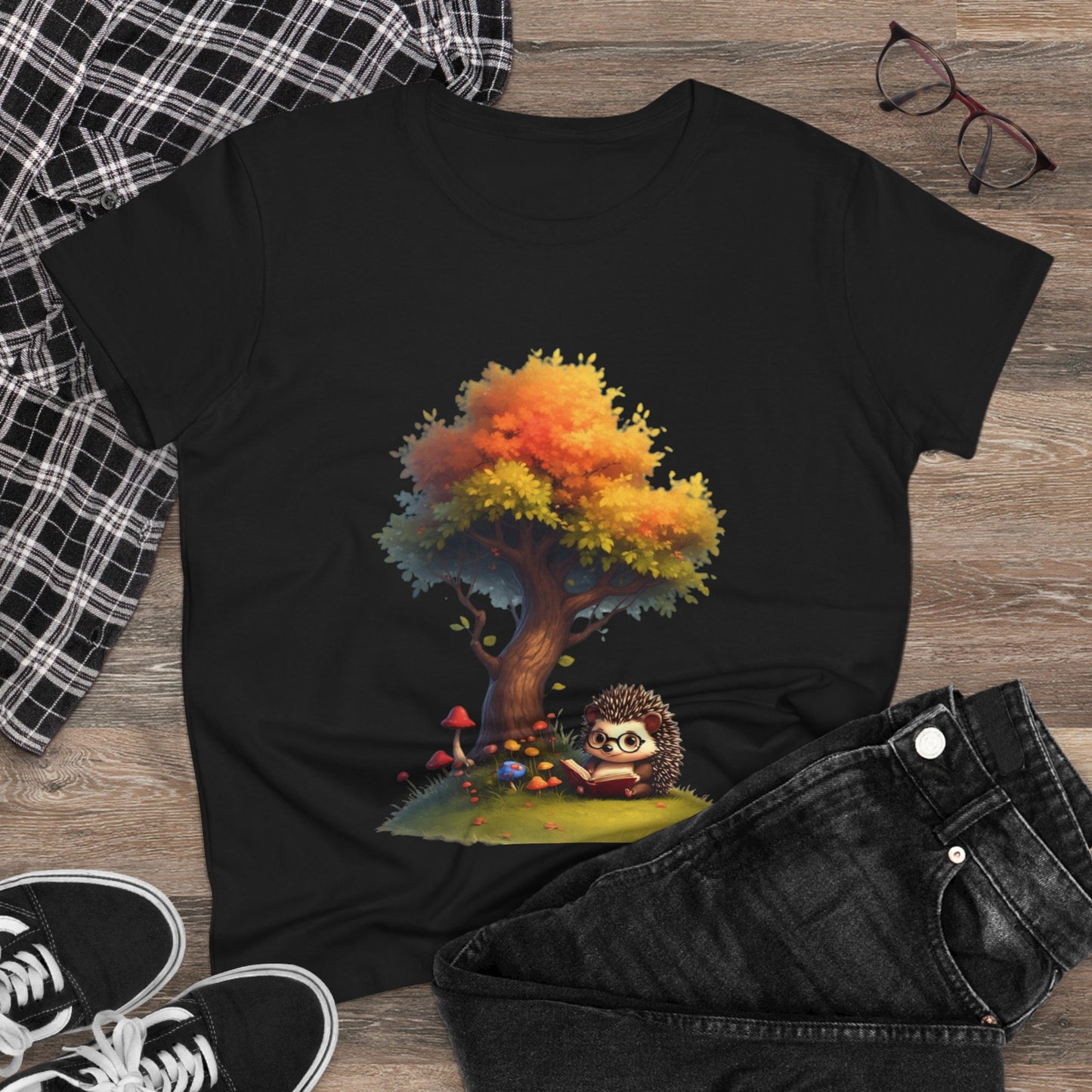 Cute Hedgehog and Autumn Tree T-Shirt, Fall Apparel, Nature Lover Gift, Women's Casual Tee, Gift for Her, Seasonal Style