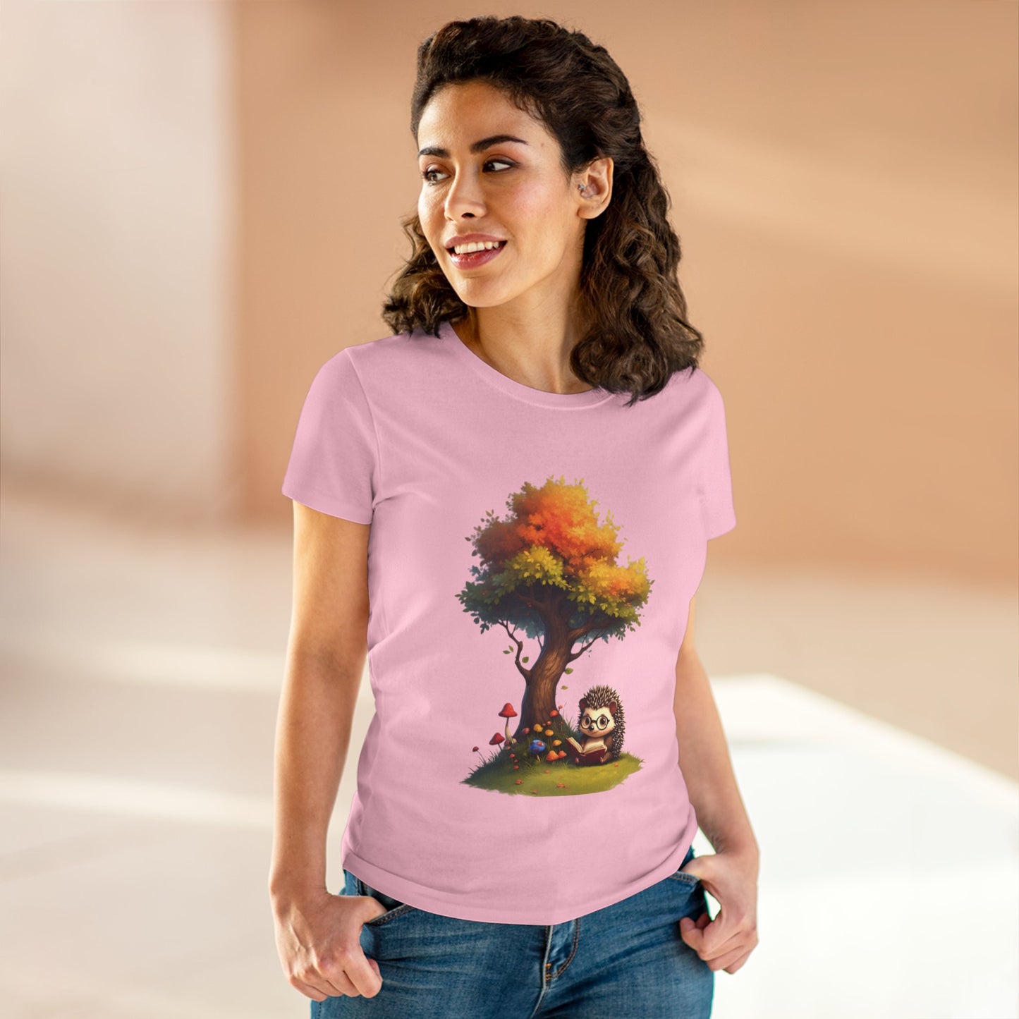Cute Hedgehog and Autumn Tree T-Shirt, Fall Apparel, Nature Lover Gift, Women's Casual Tee, Gift for Her, Seasonal Style