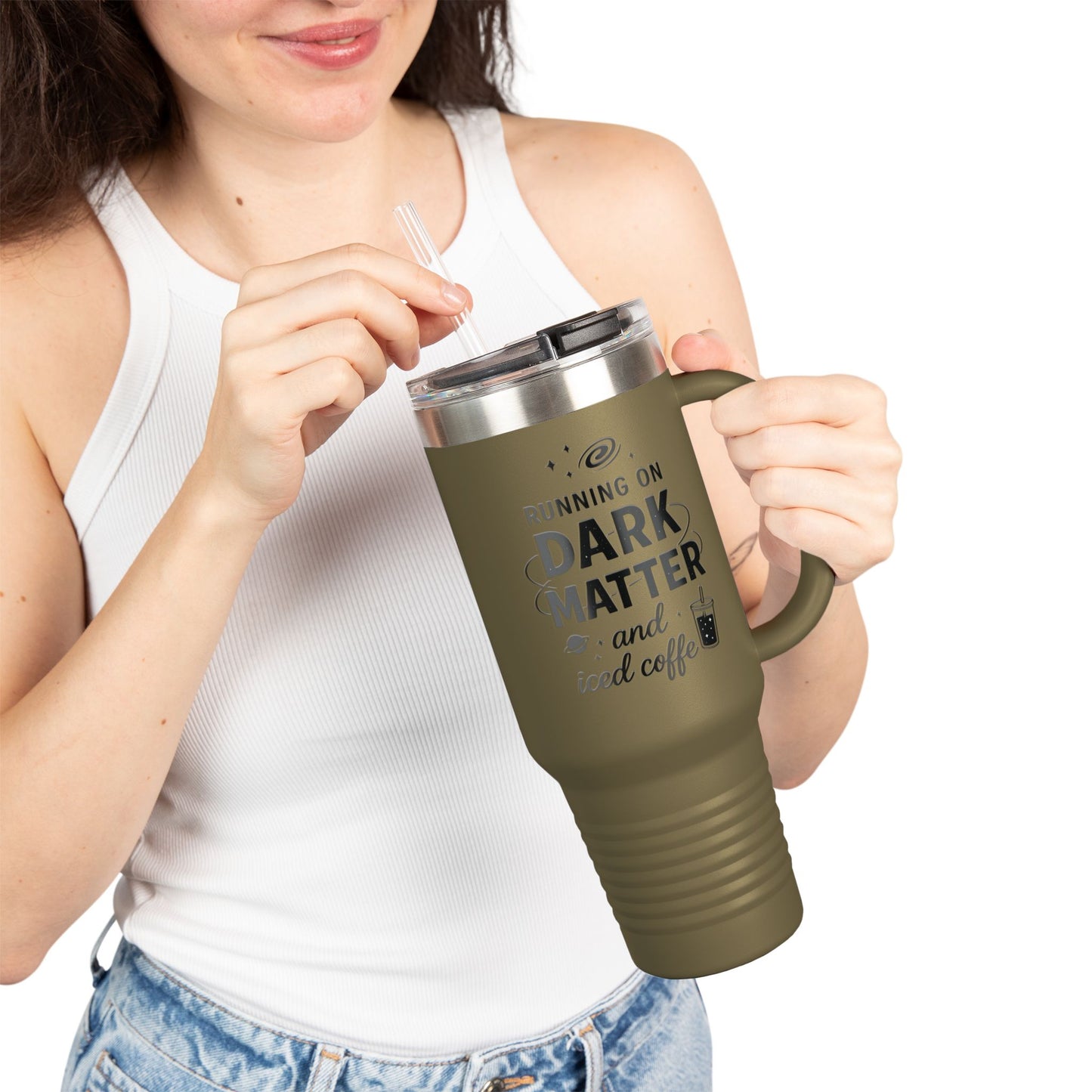 40oz Insulated Travel Mug — "Running on Dark Matter and Iced Coffee" Travel Tumbler