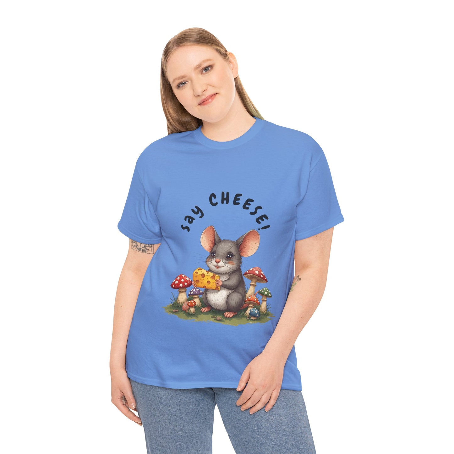 Say Cheese! Cute Mouse Graphic Tee, Say Cheese Unisex Heavy Cotton Tee, Whimsical T-Shirt, Nature Lover Gift, Fun Animal Apparel, Playful Fashion