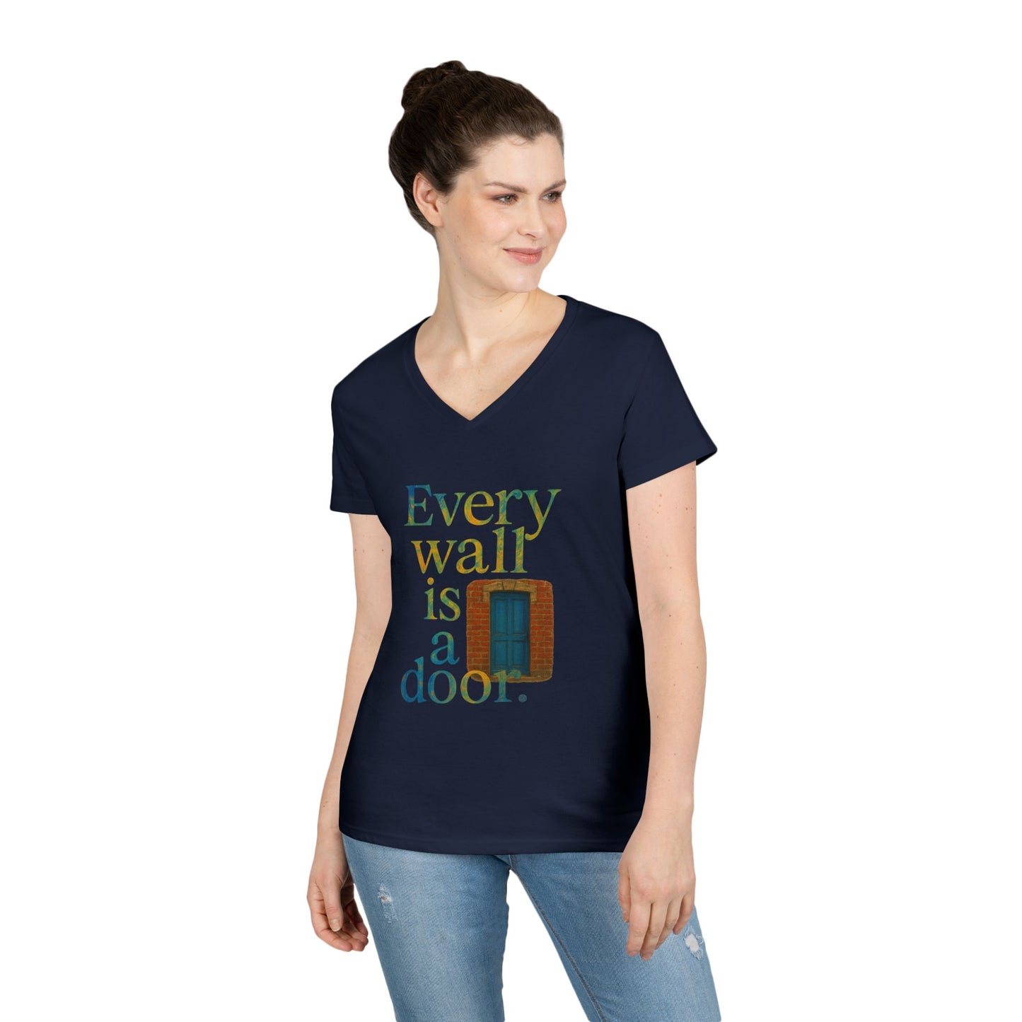 Every Wall Is a Door Ladies V Neck Tee, 100% cotton Inspirational Graphic T-Shirt