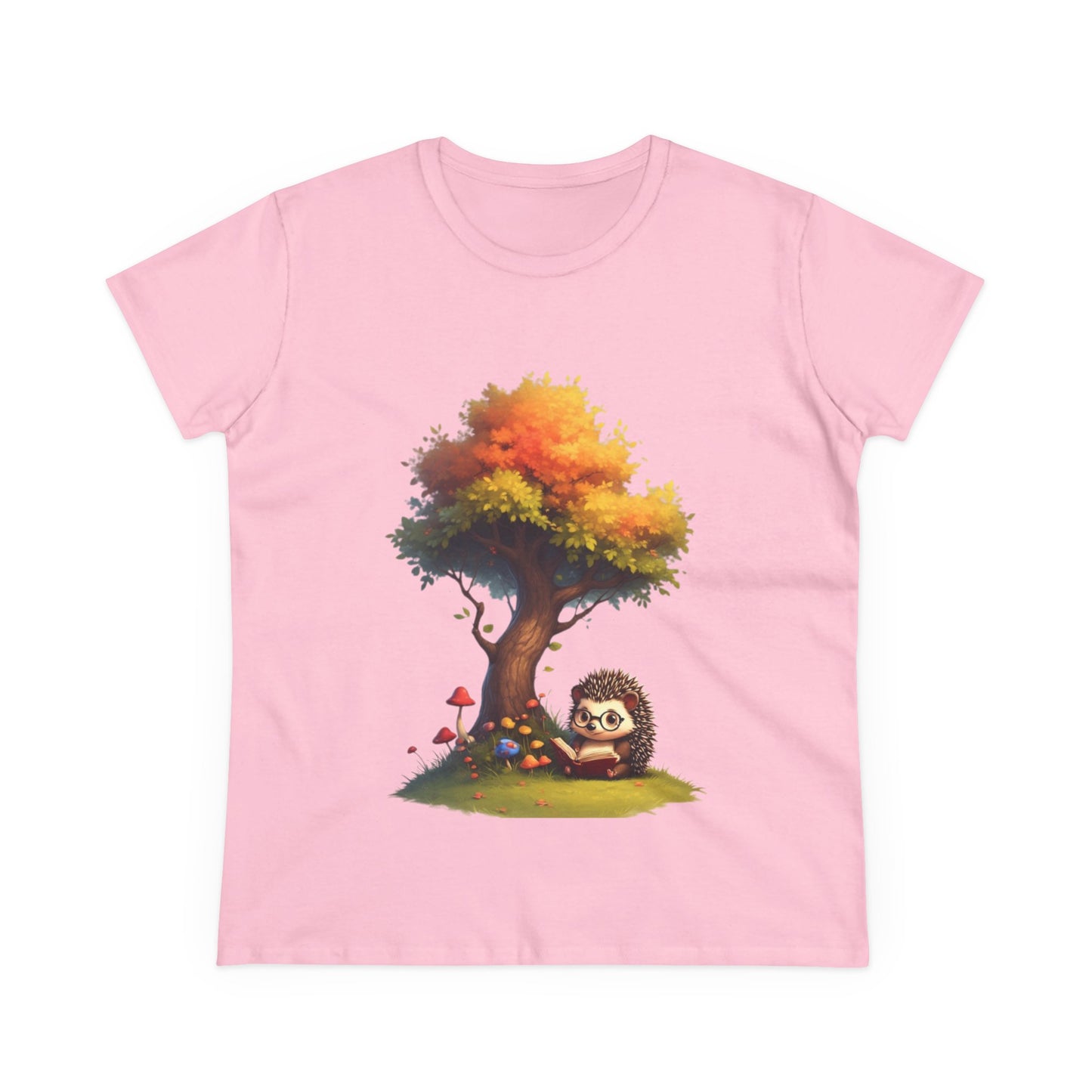 Cute Hedgehog and Autumn Tree T-Shirt, Fall Apparel, Nature Lover Gift, Women's Casual Tee, Gift for Her, Seasonal Style