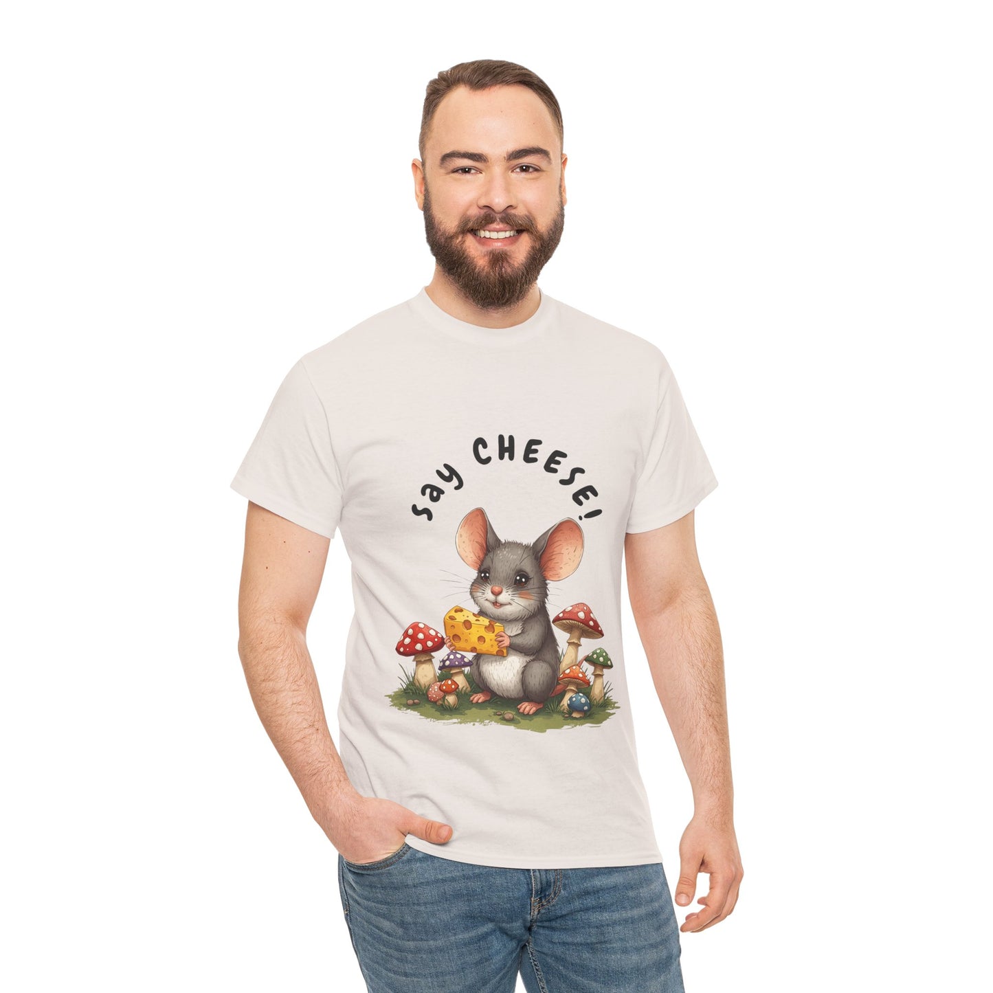 Say Cheese! Cute Mouse Graphic Tee, Say Cheese Unisex Heavy Cotton Tee, Whimsical T-Shirt, Nature Lover Gift, Fun Animal Apparel, Playful Fashion